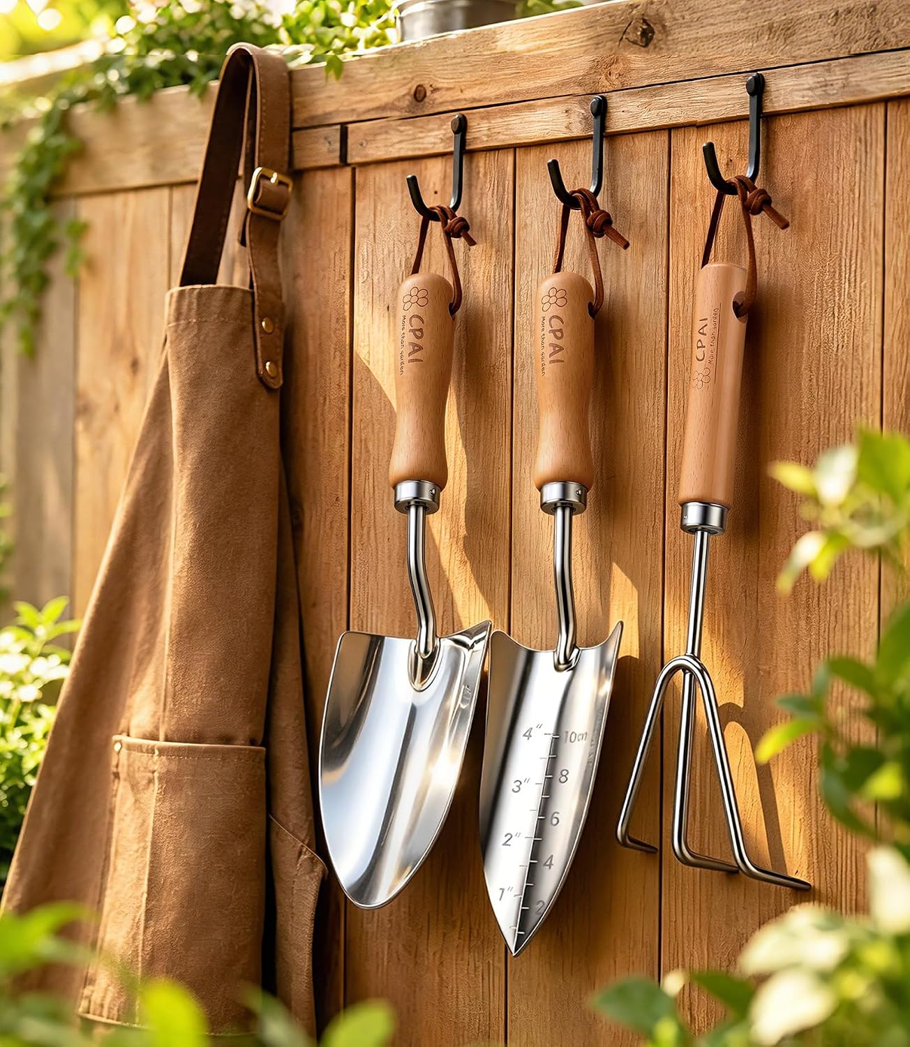 3-Piece Garden Tool Set, Stainless Steel Garden Trowel, Measurement Trowel and Hand Rake with Smooth Wooden Handles for