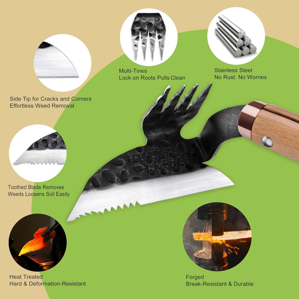 AON Japanese Weeding Sickle & Hand Hoe, 4-Tine Uprooting Garden Tool | Forged steel sharp edge, 4 curved tines &
