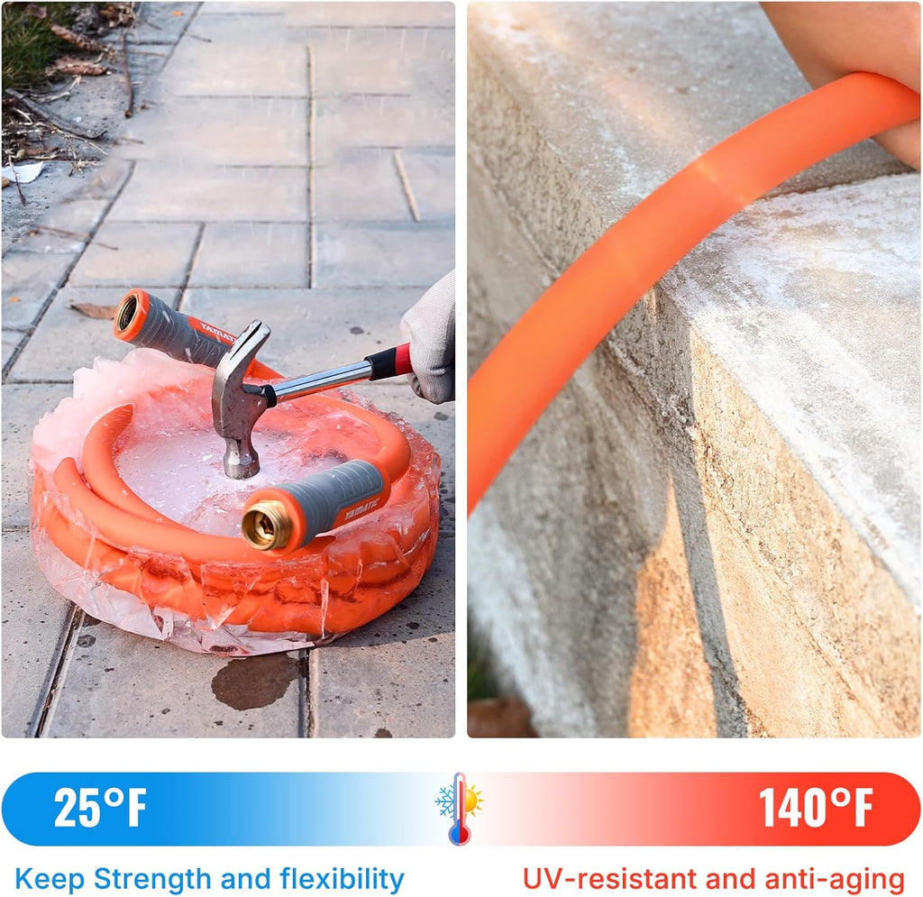 YAMATIC Flexible Garden Hose 5/8" x 50ft, 360° Swivel Handle, Burst 600 PSI | Water Hose for All-weather, 3/4" Brass