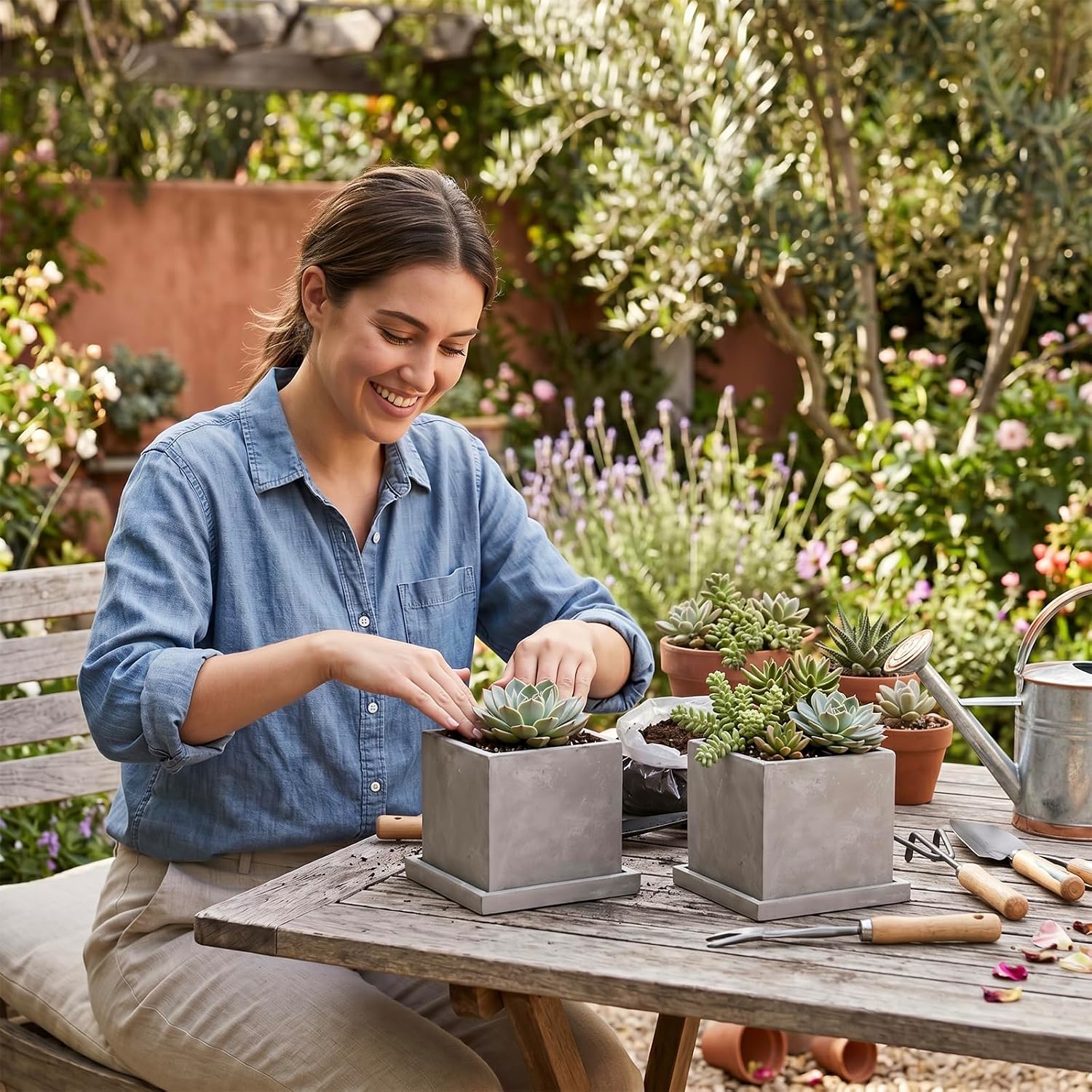 MyGift 5-Inch Square Gray Cement Plant Pot with Drainage, Small Flower Succulent Planters with Removable Saucer Trays