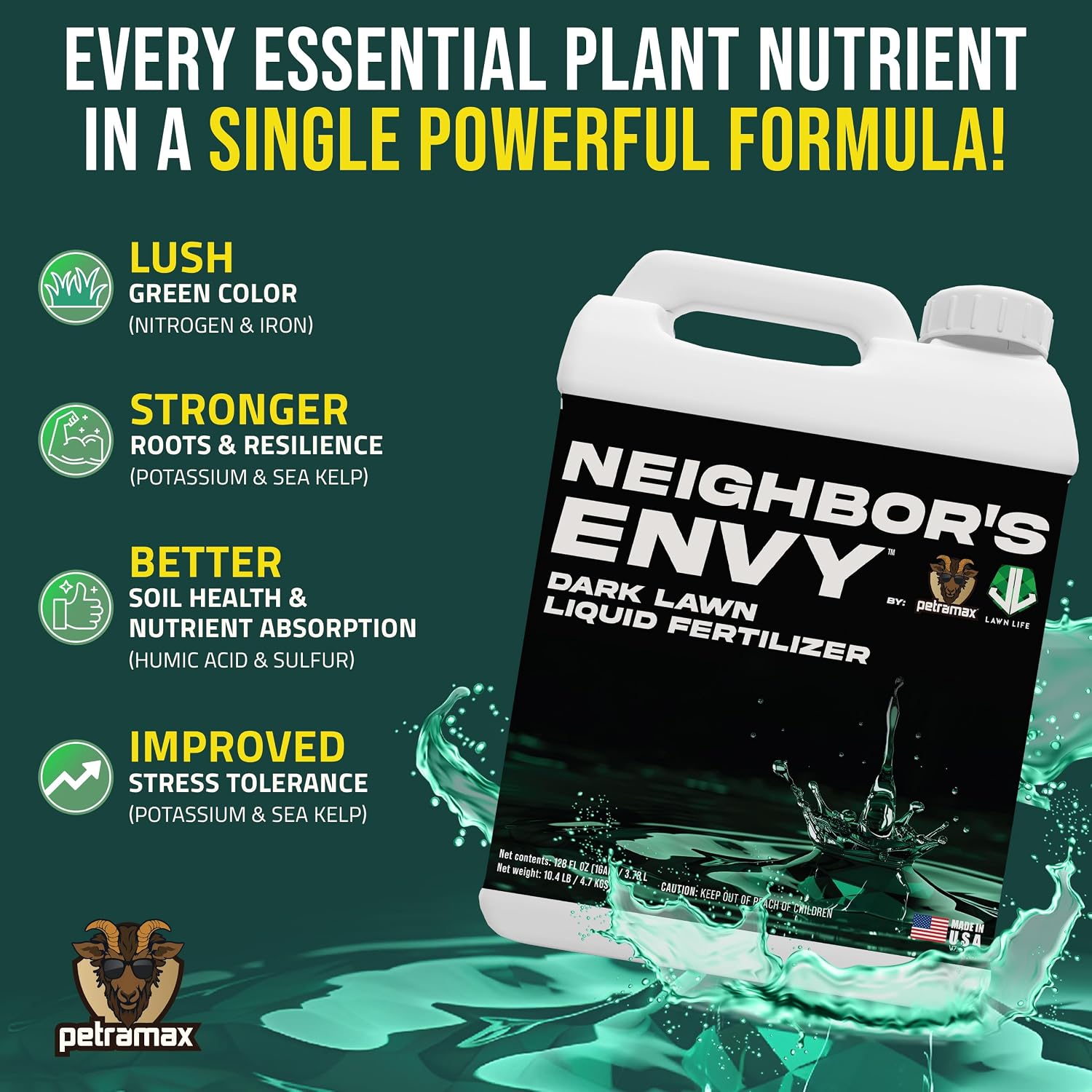 PetraMax Neighbor’s Envy Grass Fertilizer for Lawn & Garden, 1 Gallon Covers up to 16,000 sq.ft. 7-in-1 Liquid Lawn
