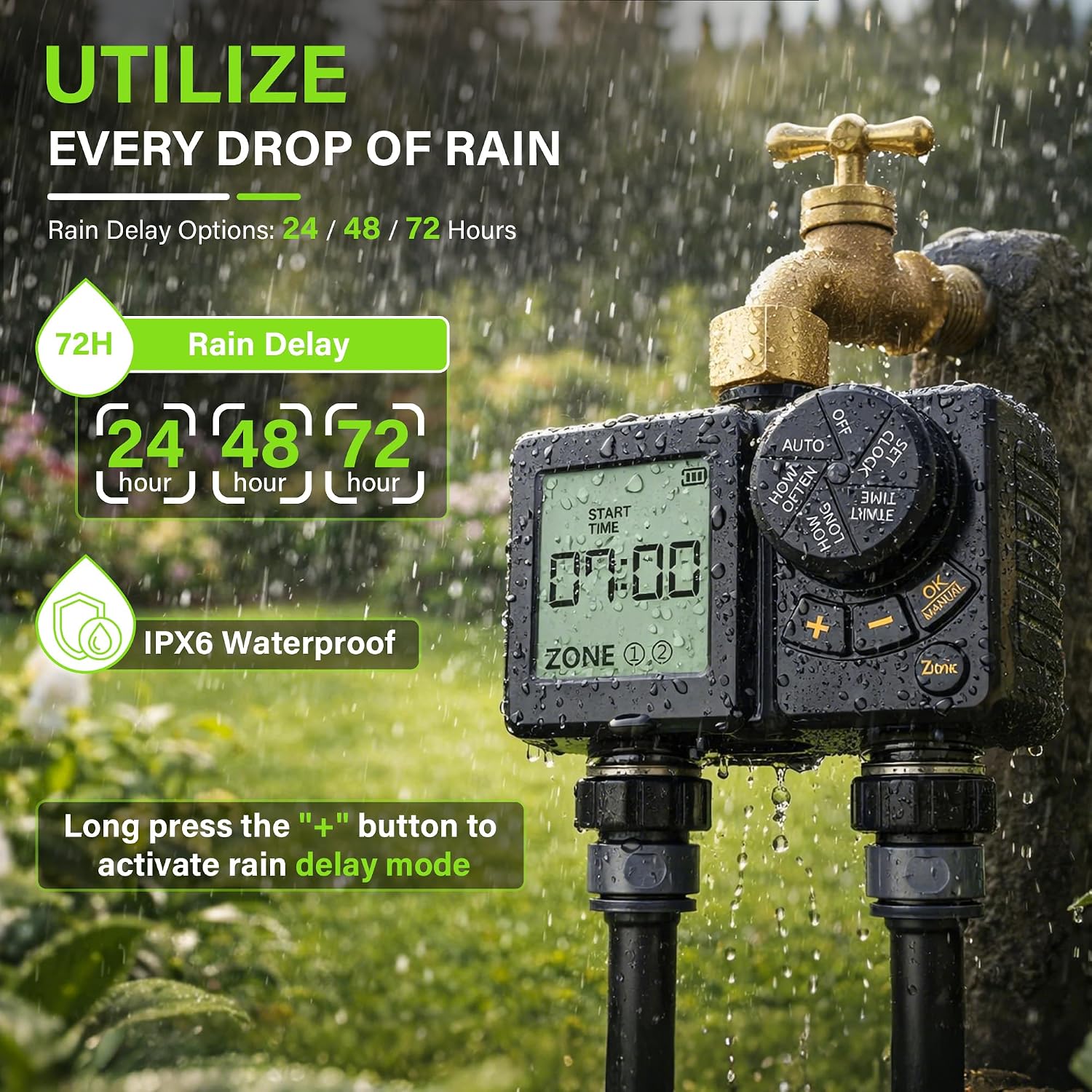MIXC Rechargeable 2-Zone Water Timer, Full-Body IPX6 Sprinkler Timer - Over One Year Runtime - Save Water & Money, Drip