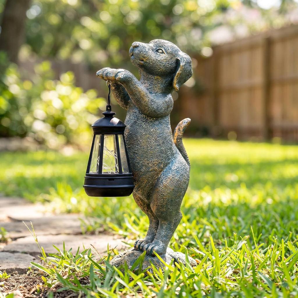Solar Dog Garden Statue - Puppy Holding Lantern Outdoor Decor, Waterproof Resin Yard Art Figurine with Warm LED Light