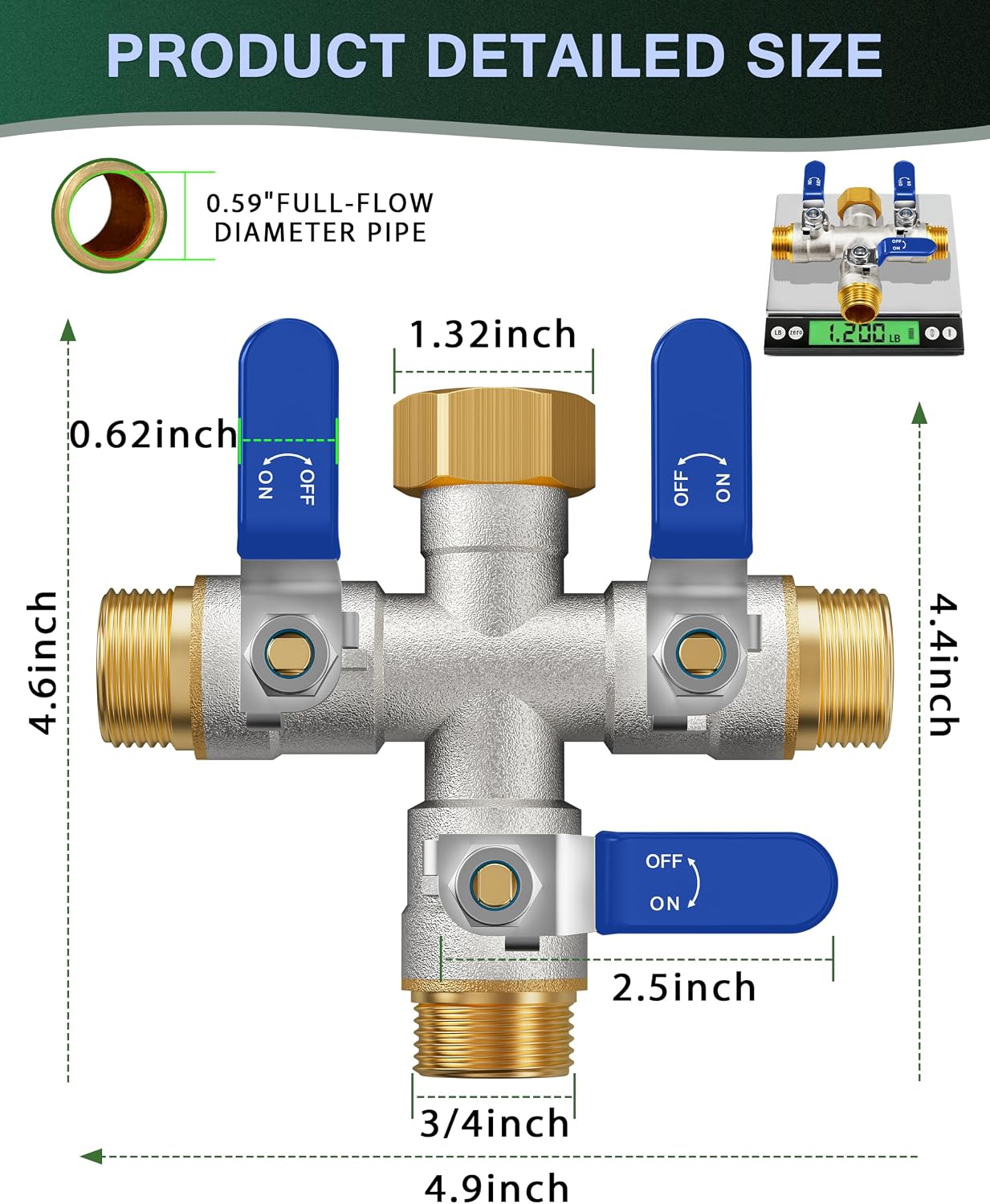3 Way Hose Splitter, Heavy Duty Brass Garden Water Hose Splitter | Full Flow Design, Rust-Resistant Nickel-Plated