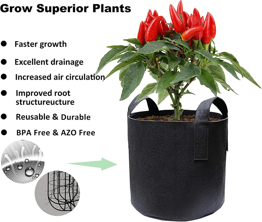 Gardzen 10-Pack 10 Gallon Grow Bags, Aeration Fabric Pots with 5-Set Garden Propagator Set, Seed Starter Tray 15" x 9"