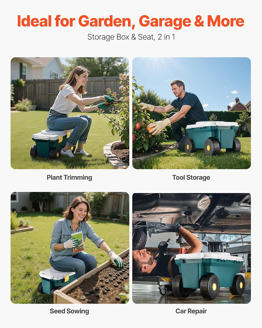 VEVOR Small Garden Seat, 2 in 1 Rolling Garden Cart with Storage Bin, Supports up to 227 lbs, Compact Outdoor Garden