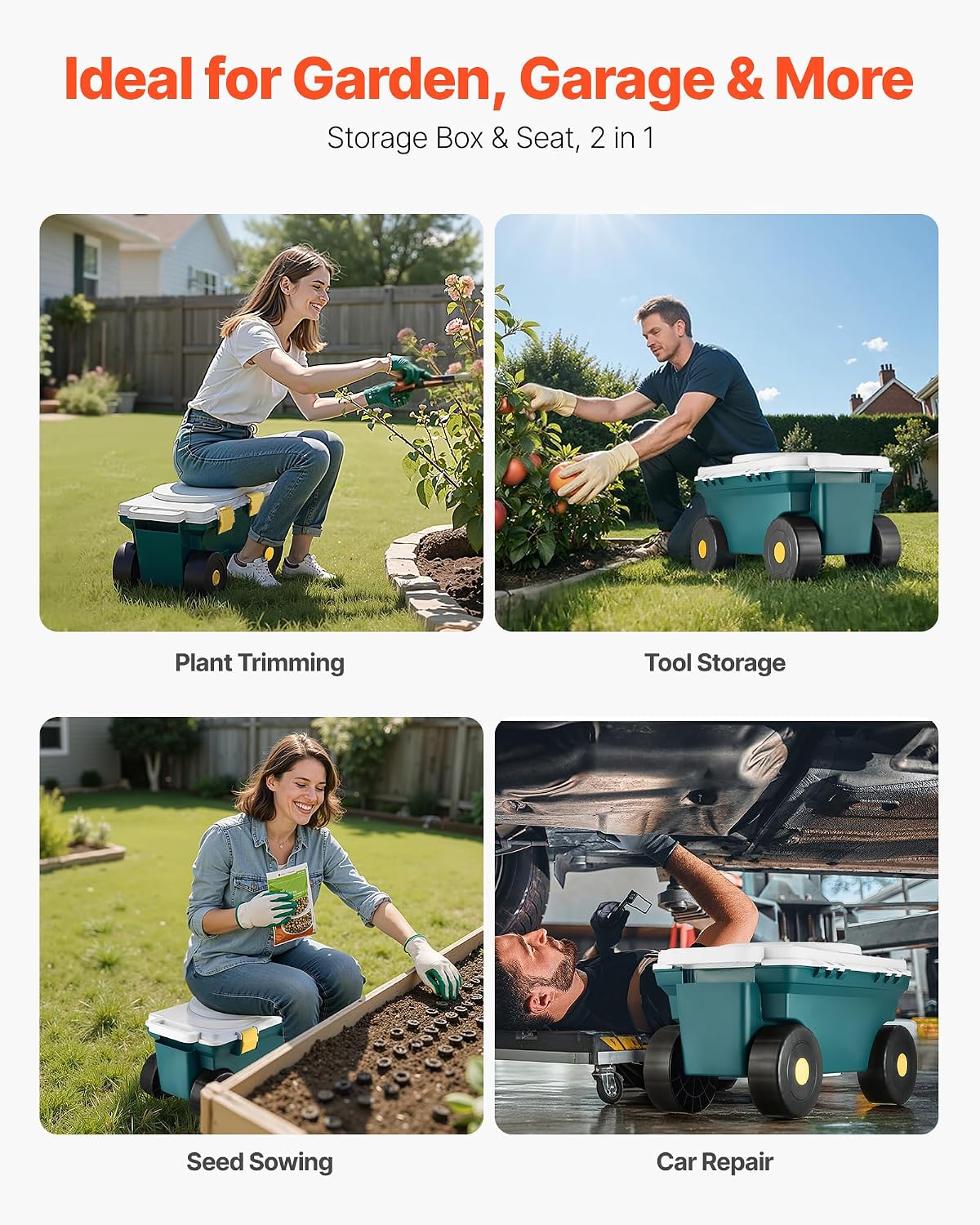 VEVOR Small Garden Seat, 2 in 1 Rolling Garden Cart with Storage Bin, Supports up to 227 lbs, Compact Outdoor Garden