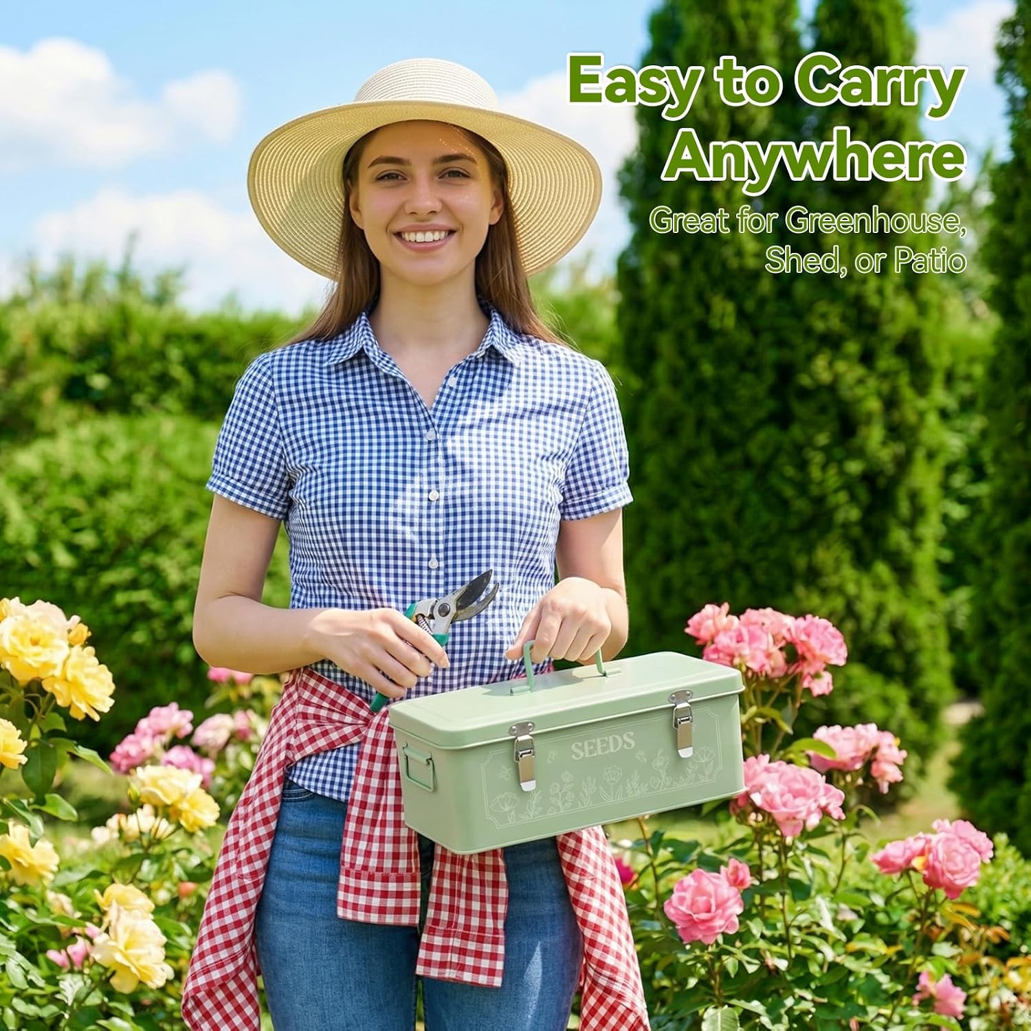 Metal Seed Storage Box With Lid, 4 Compartments, Garden Organizer | Includes 50 Labels, 50 Envelopes, 20 Plant Clips