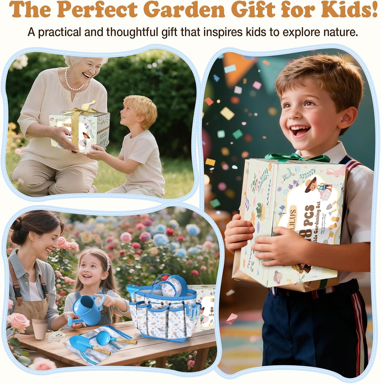Kids Gardening Tool Set 18PCS Outdoor Toys Tote Bag Watering Can Apron Blue | Kid-Safe Ergonomic Metal Tools, Fun STEM