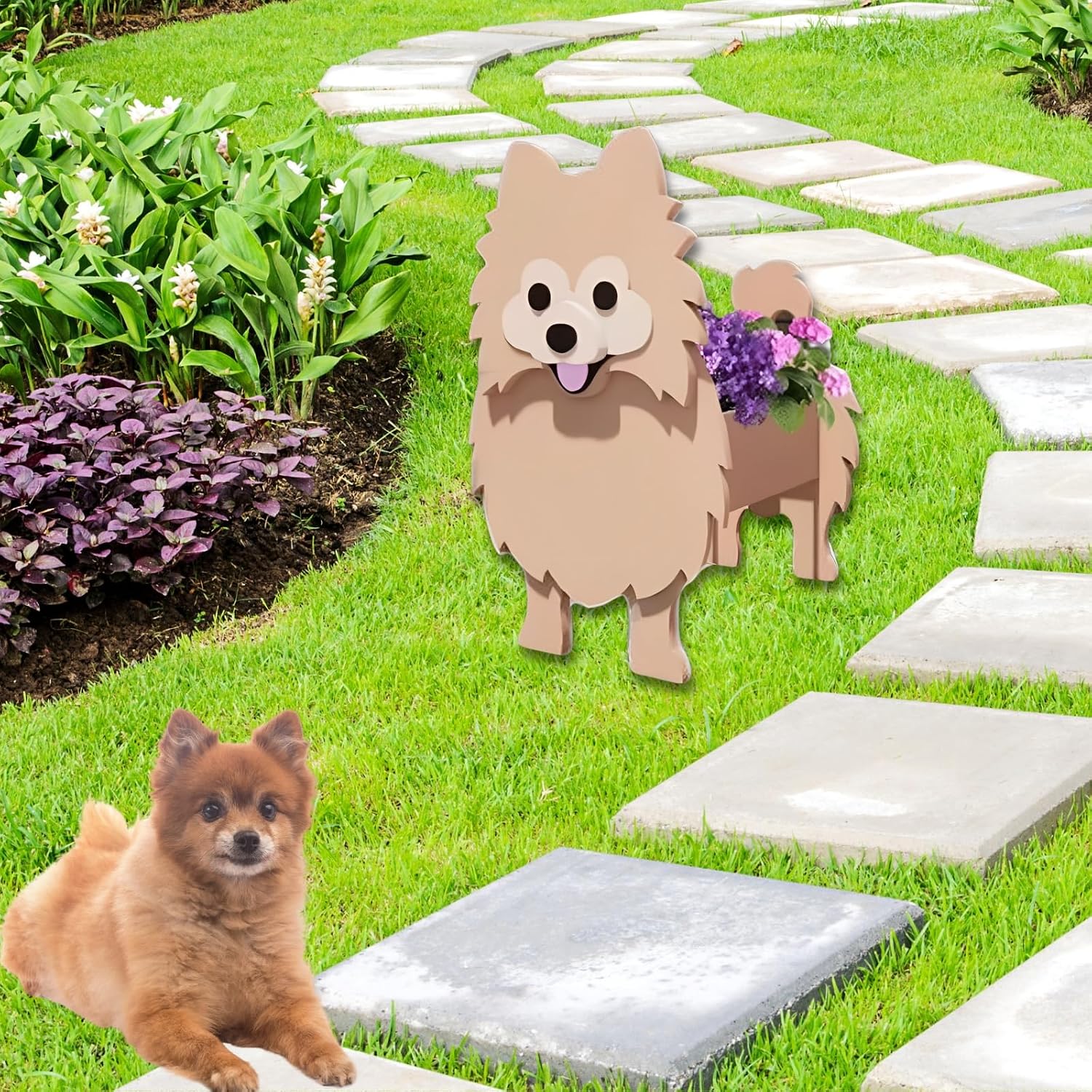 Brown Pomeranian Dog Planter Pots, Animal Shaped Flower Pot | Large Cute Plant Gift for Women and Pet Lovers, Indoor