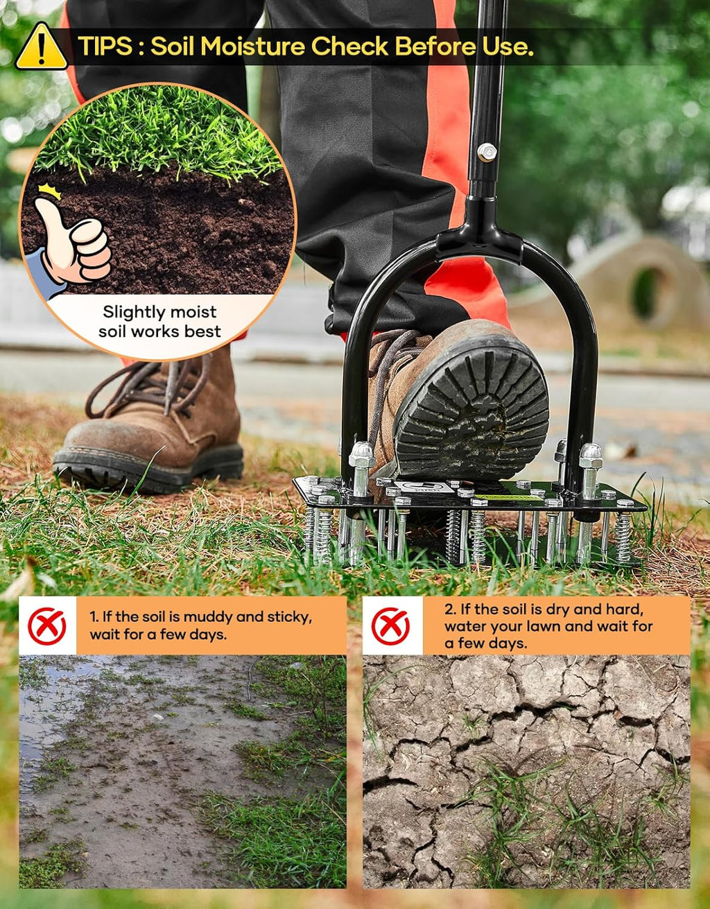 Sakerplus Aerator Lawn Tool, Hand Metal Spike Lawn Aerator with Rebounce Spring Base, Automatic Leaf and Dirt Cleaning