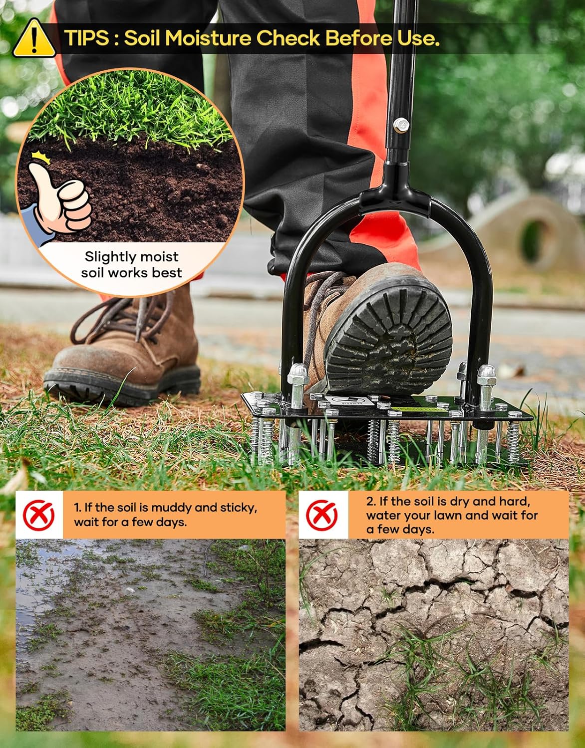 Sakerplus Aerator Lawn Tool, Hand Metal Spike Lawn Aerator with Rebounce Spring Base, Automatic Leaf and Dirt Cleaning