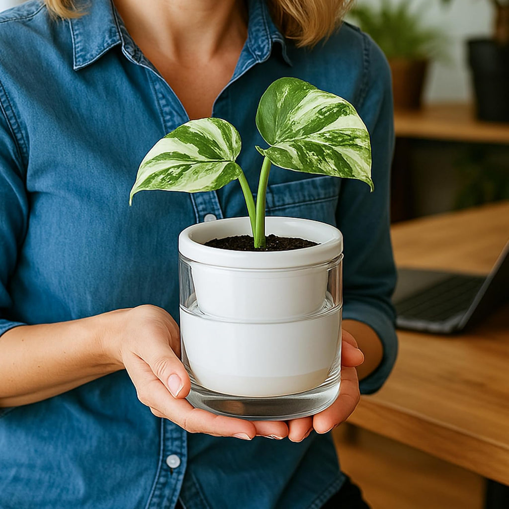 D'vine Dev Self-Watering White Terracotta Planter, 4 in, 2-Pack, 37-Y-A-2 | Terracotta & Glass Design, Clear Water