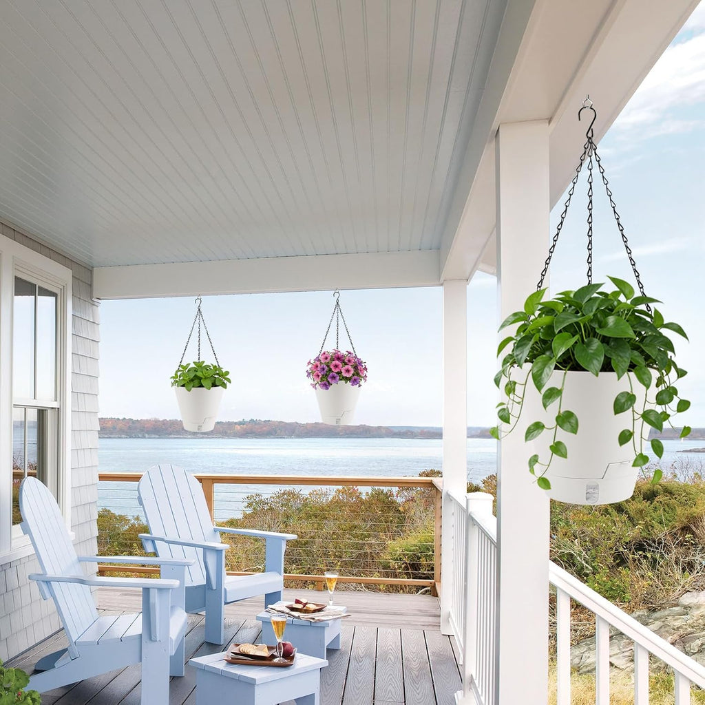 8 Inch Hanging Planters Indoor Outdoor, 3 Pack Plastic Self Watering Plant Pots with Drainage Holes & Saucers, Hanging