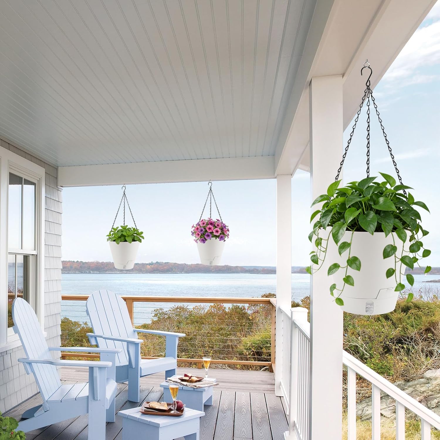 8 Inch Hanging Planters Indoor Outdoor, 3 Pack Plastic Self Watering Plant Pots with Drainage Holes & Saucers, Hanging