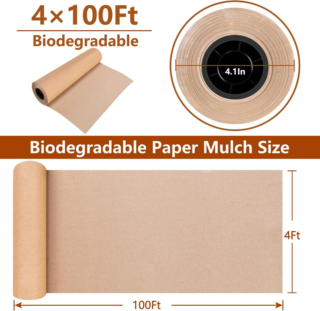 DECOHS 4 x 100 Ft Biodegradable Paper Weed Barrier- Heavy Duty Biodegradable Garden Bed Grass- Garden Paper Weed