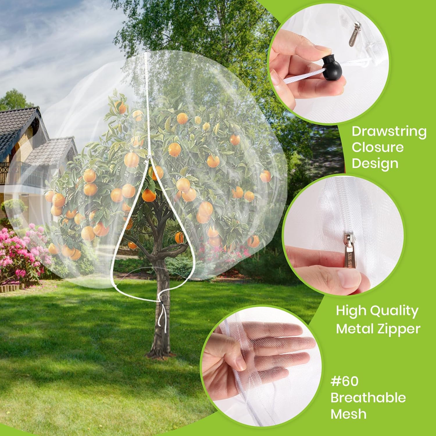 2Pcs Large 10x10FT Fruit Tree Netting with Zipper, Drawstring - Mesh Bags Covers for Garden Protection - Insect Bird