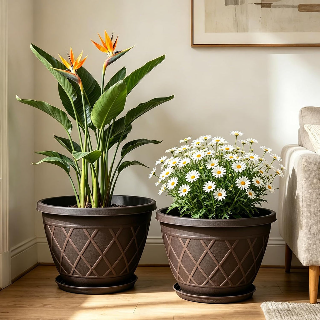 4 Pack 12 Inch Pots for Plants, Plastic Flower Pots with Faux-fence Texture | Modern Planter Pots with Saucers &