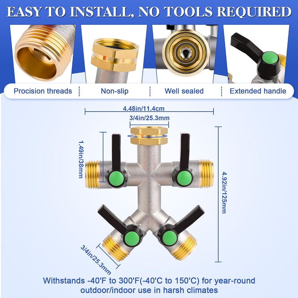 EJW Hose Splitter 4 Way, Garden Hose Splitters, Heavy Duty Faucet Splitter,Rv Brass Water Hose Y Splitter, Hose