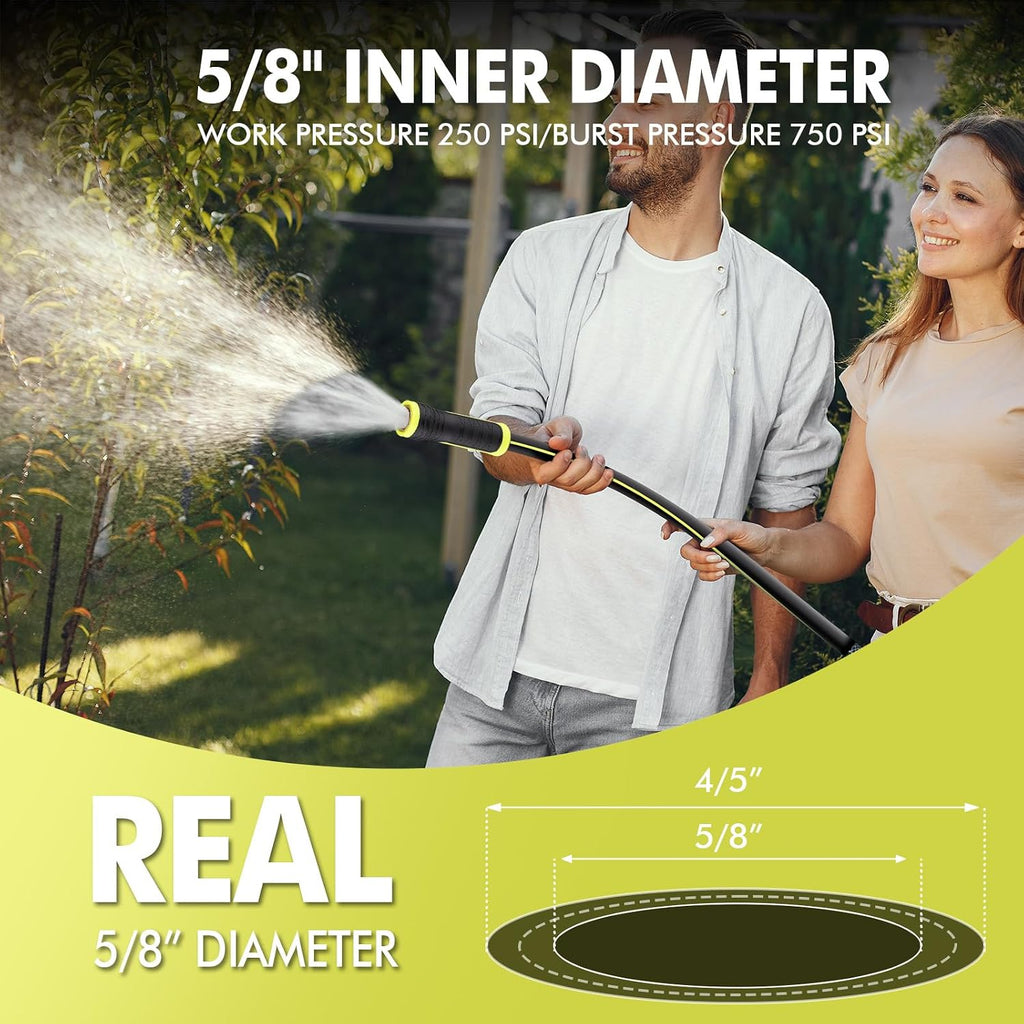 100 FT Garden Hose 5/8", Heavy Duty Rubber, Brass Fittings | 3-Layer Flexible Hybrid, Lightweight Swivel Handle, 100ft