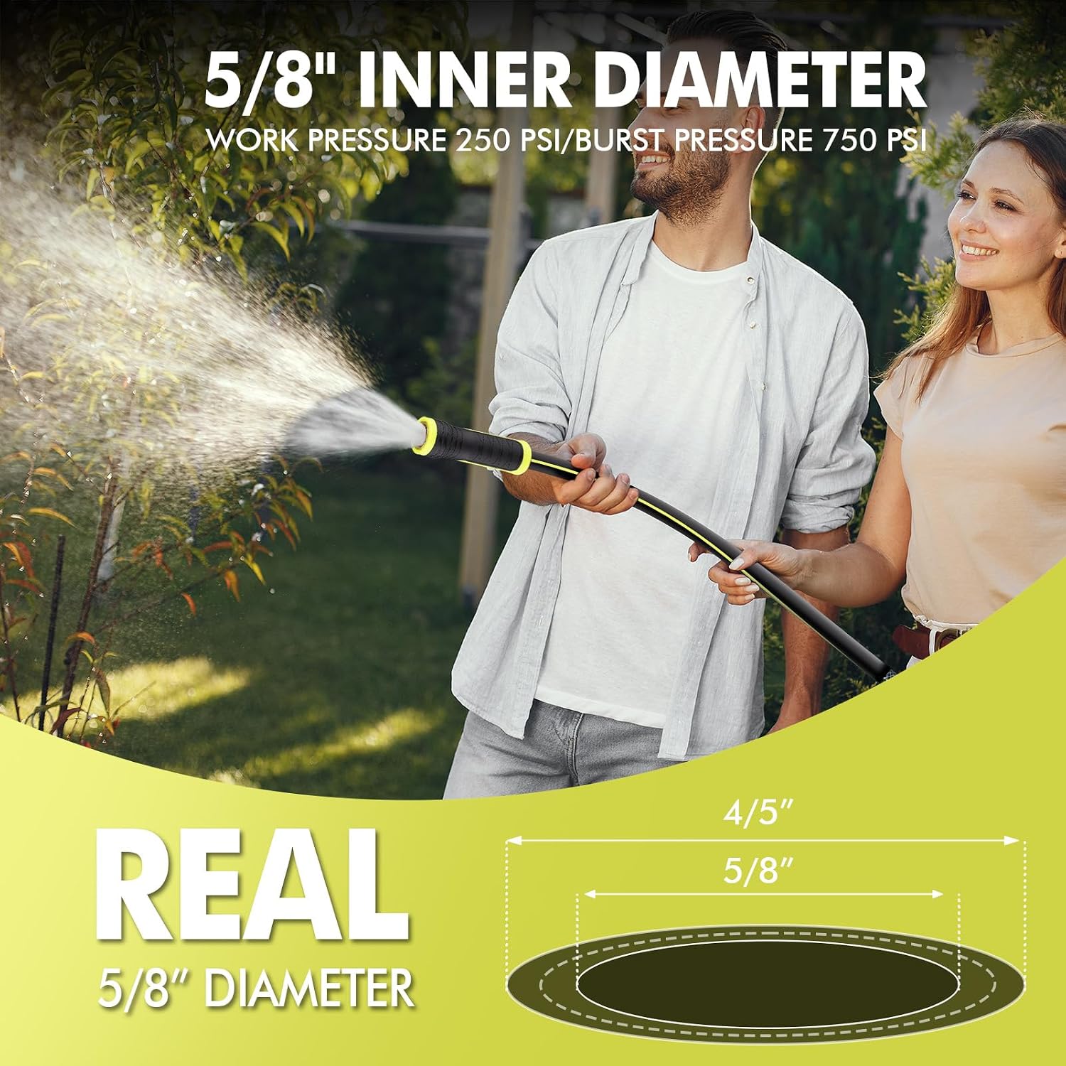 100 FT Garden Hose 5/8", Heavy Duty Rubber, Brass Fittings | 3-Layer Flexible Hybrid, Lightweight Swivel Handle, 100ft