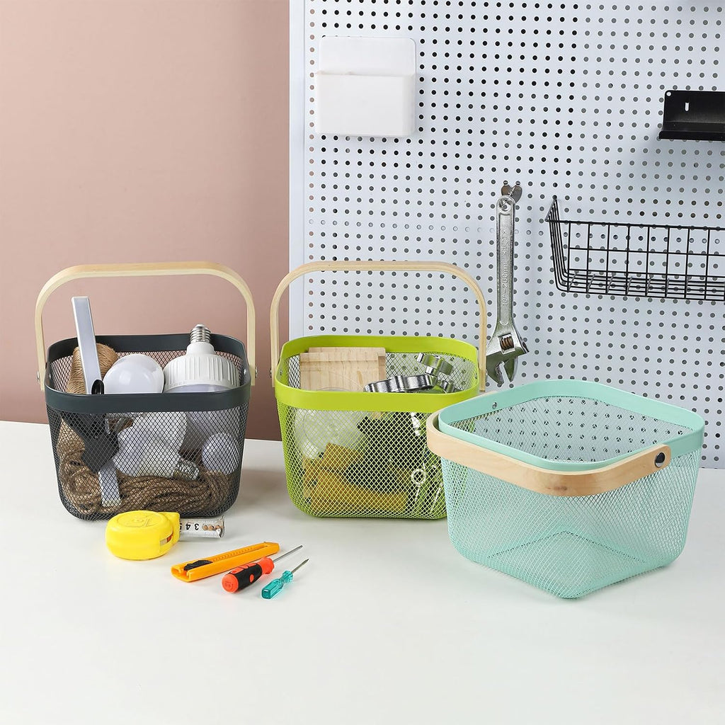 Coloful Metal Mesh Wire Basket with Foldable Wooden Handle,Bin Garden Fruit Vegetable Storage Hanging Harvest Holder