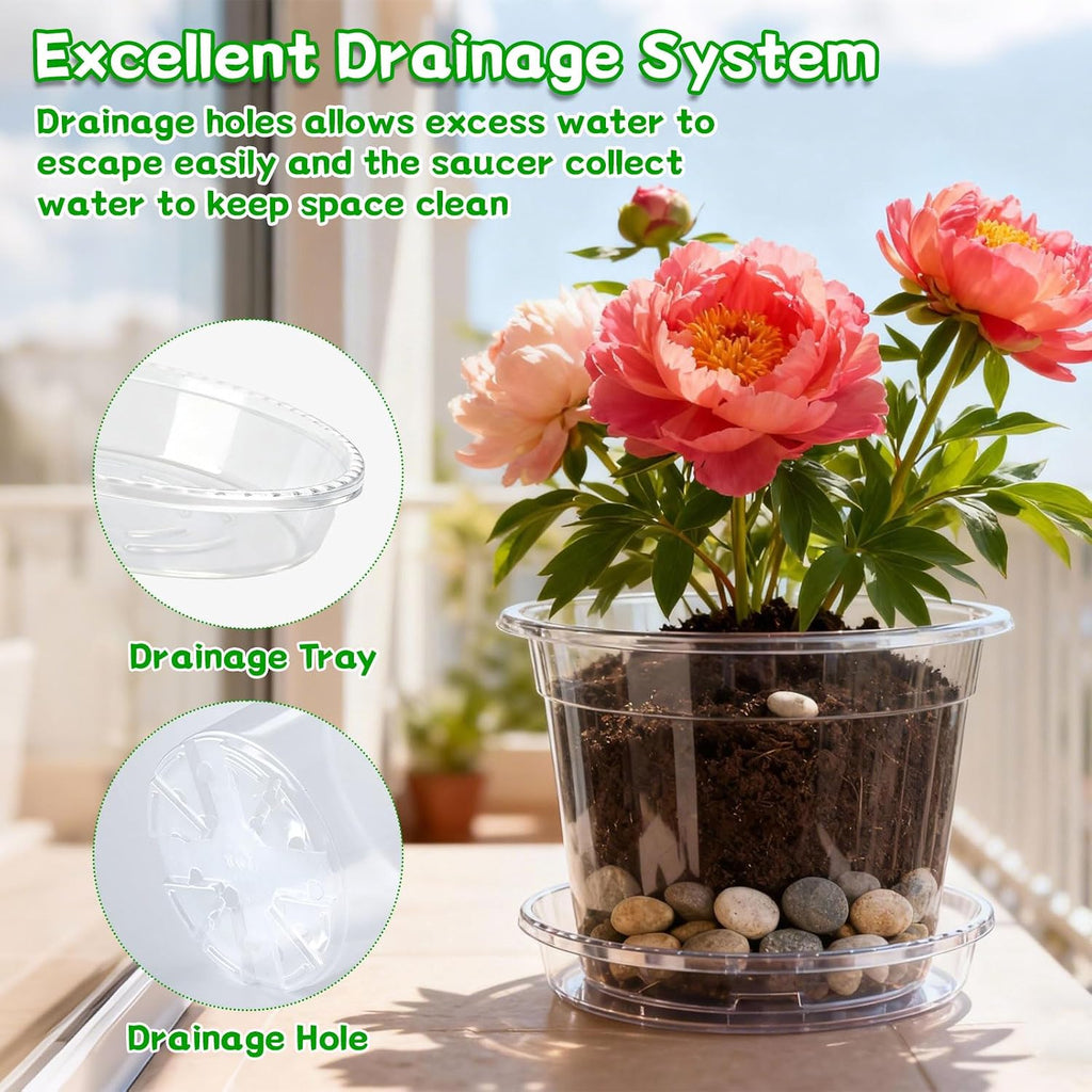 3/4/5/6/7 Inch Clear Nursery Pots with Drainage Holes and Saucers 30 Pack | Transparent Plastic Pots for Plants Flowers