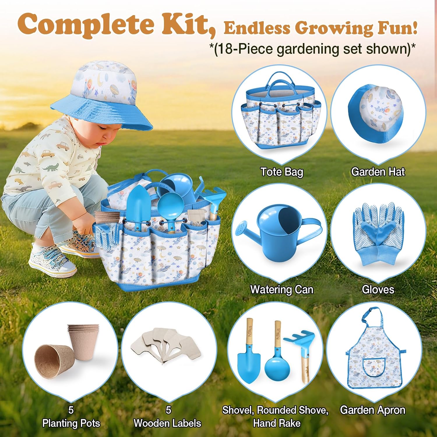 Kids Gardening Tool Set 18PCS Outdoor Toys Tote Bag Watering Can Apron Blue | Kid-Safe Ergonomic Metal Tools, Fun STEM