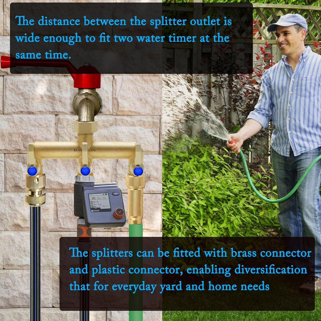 Brass Garden Hose Splitter, 3 Way Hose Splitter, Outdoor Hose Splitter, Outlet for Regulating and Shutting Off Water