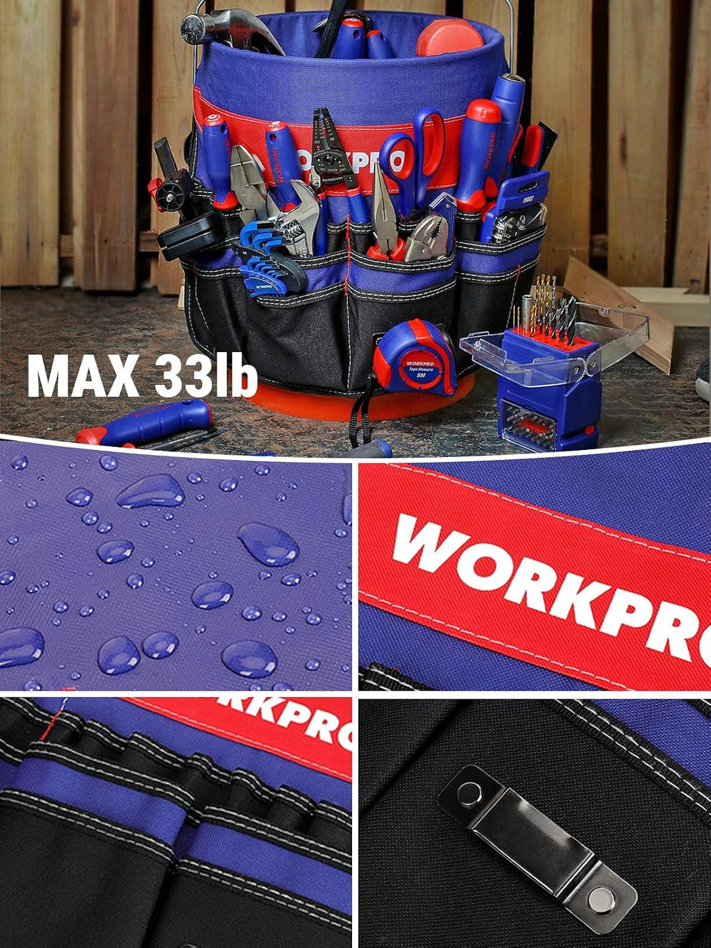 WORKPRO Bucket Tool Organizer with 51 Pockets Fits for 3.5-5 Gallon Bucket | Perfect for Garden, Construction
