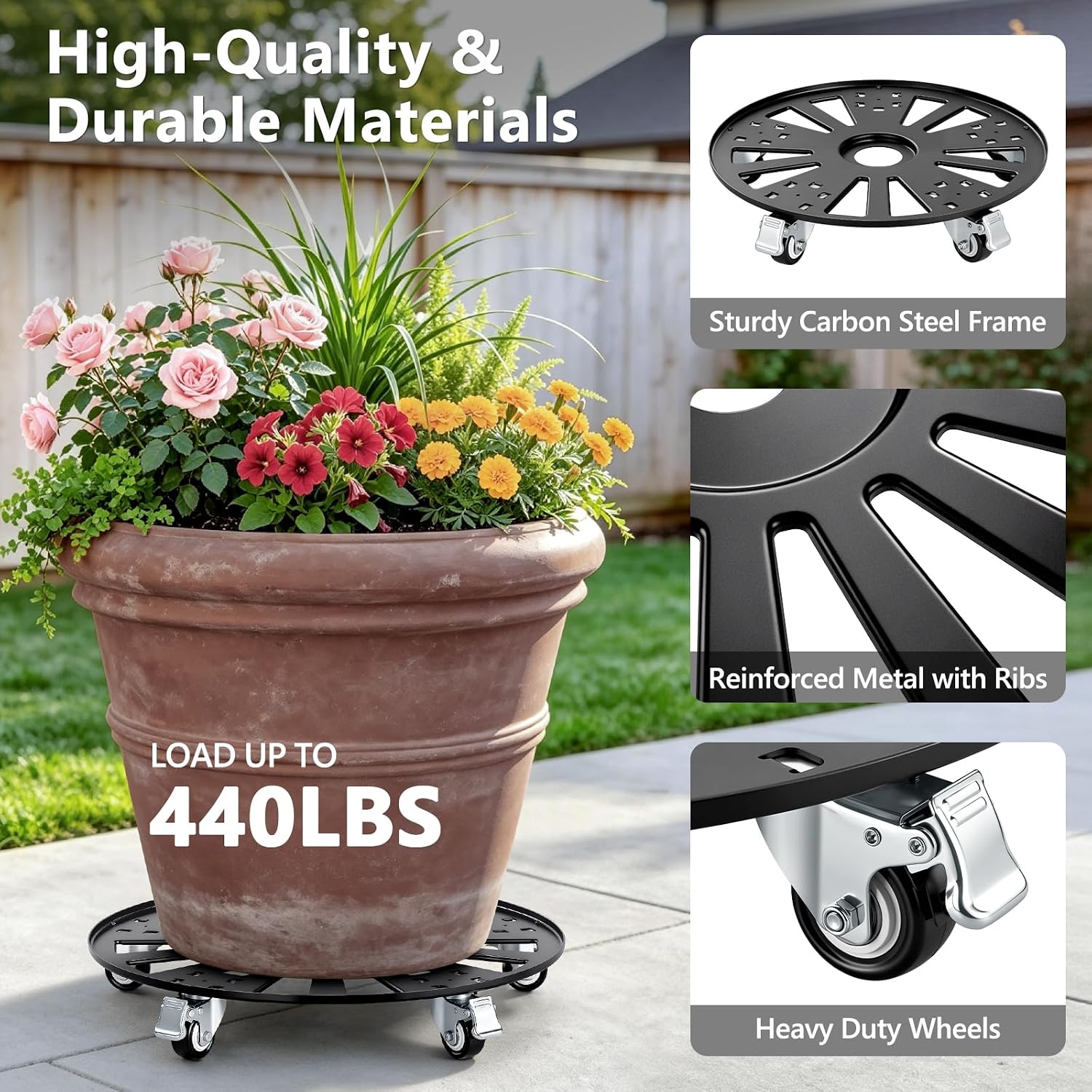 KEDSUM 16" Plant Caddy with Wheels, Anti-Rust & Anti-Slip Plant Stand with Wheels, 440LBS Heavy Duty Rolling Plant
