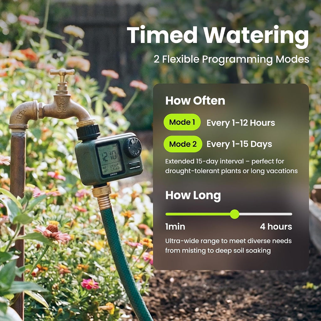 Garden Hose Sprinkler Timer 1 or 2 Outlet Programmable Controller | Self-cleaning valve, rain delay, auto-off, IPX5