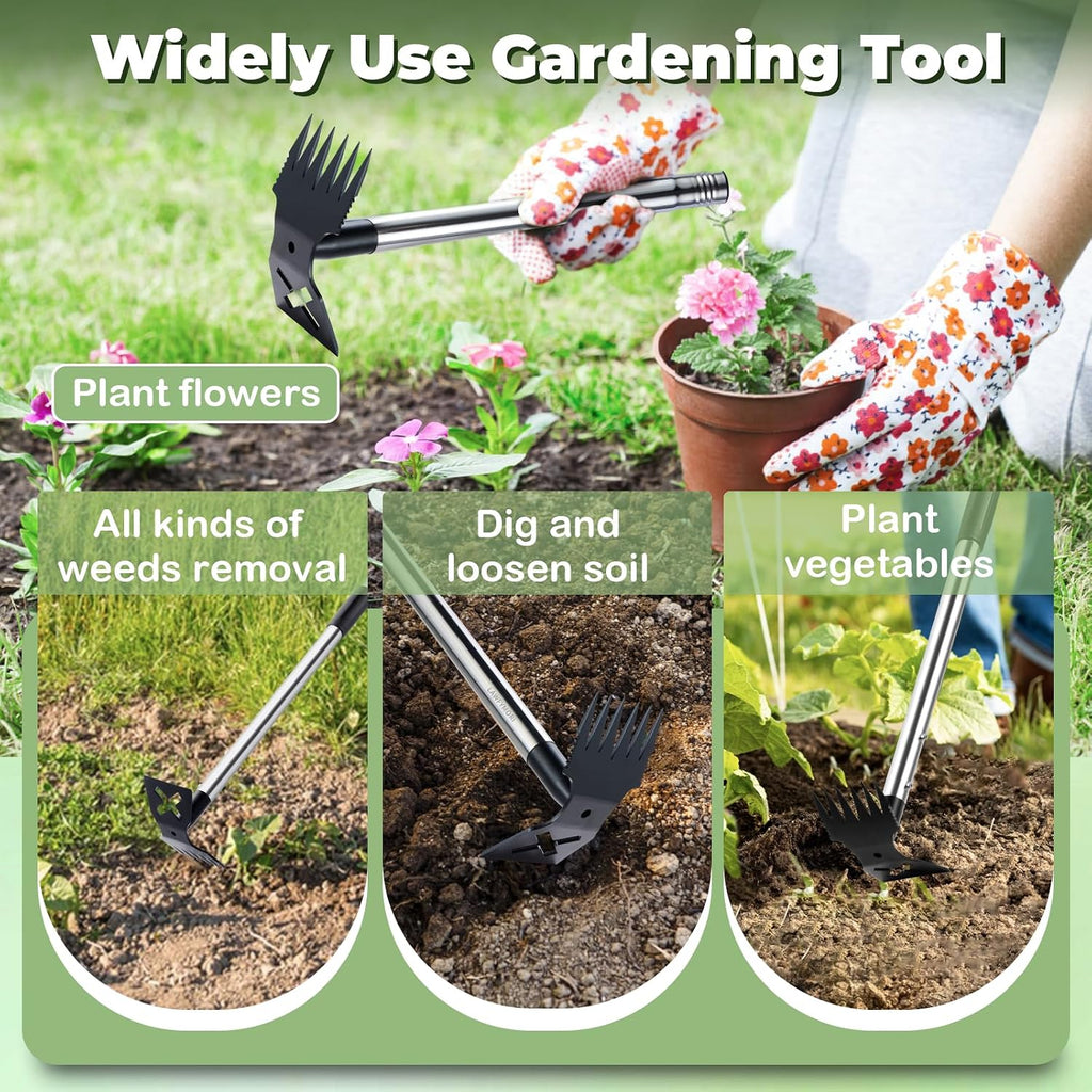 Weed Puller Tool with Long Handle, 60" Garden Weeding Tool | 2 in 1 Hoe and Weed Rake, Heavy Duty Steel Weeder, Manual