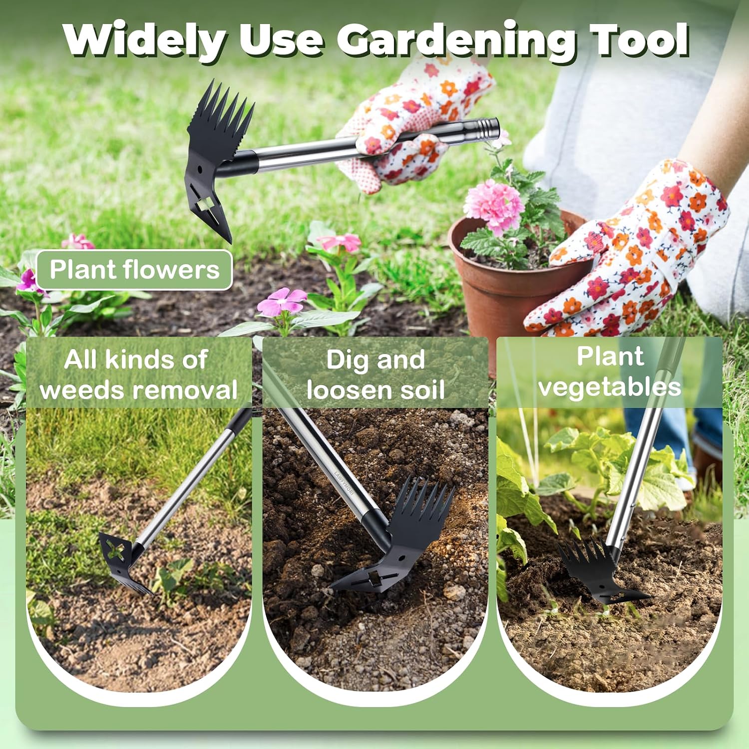Weed Puller Tool with Long Handle, 60" Garden Weeding Tool | 2 in 1 Hoe and Weed Rake, Heavy Duty Steel Weeder, Manual