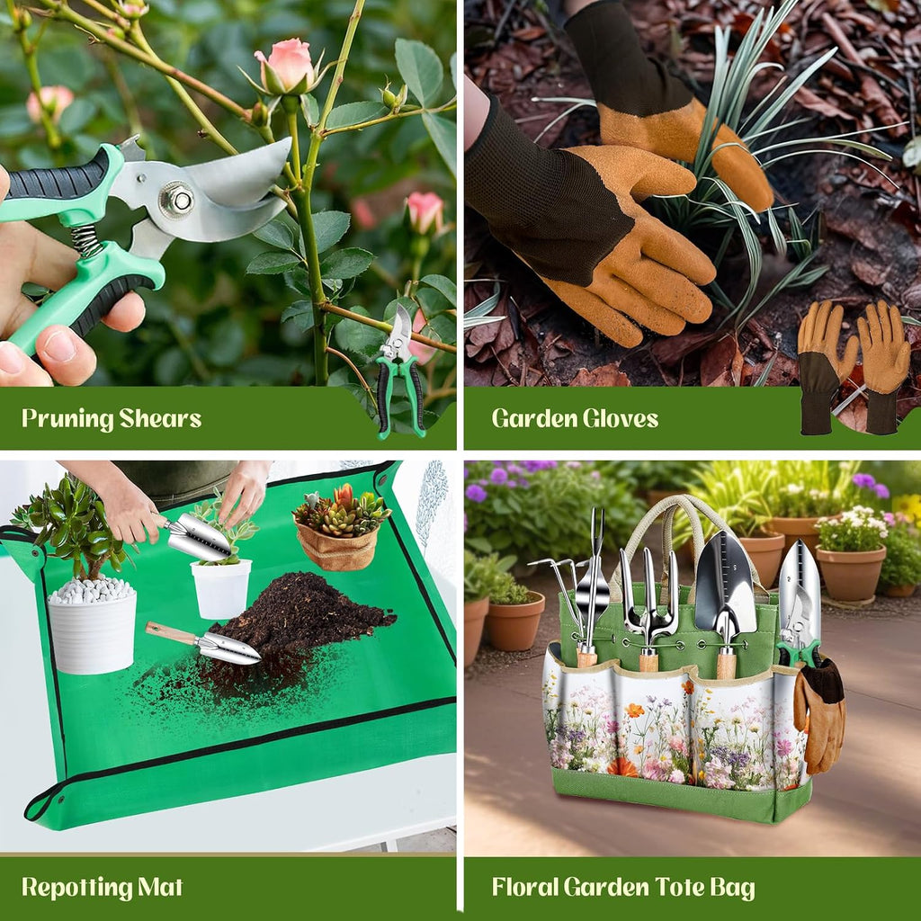 Garden Tools 9 Pcs Heavy Duty Gardening Tool Set Green Tote Bag Men Women | 9-Piece Gardening Gifts, Rust-Proof