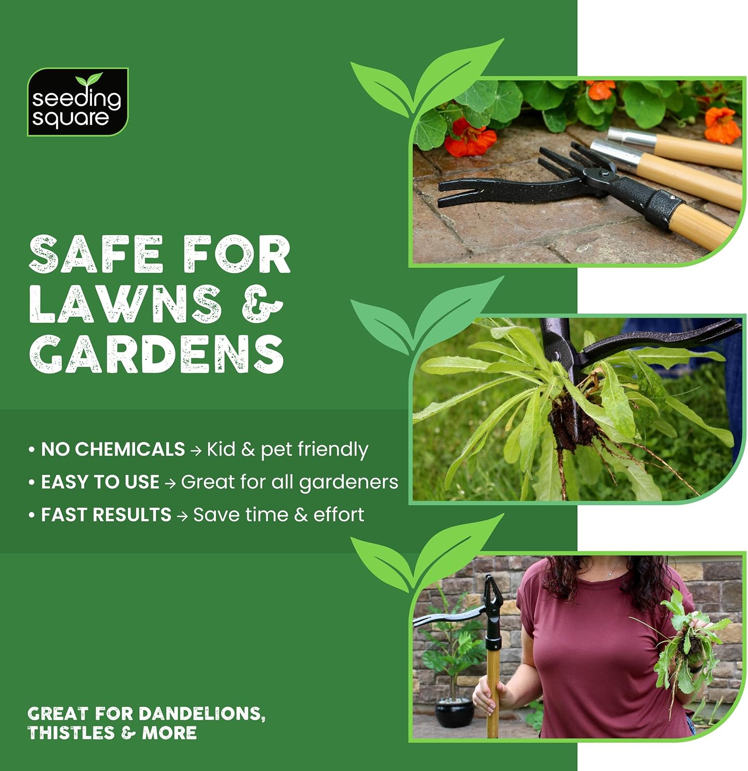 Stand-Up Weed Puller Tool with Long Handle for Dandelions and Garden Weeds. | Carbon Steel Head | Bamboo Shaft