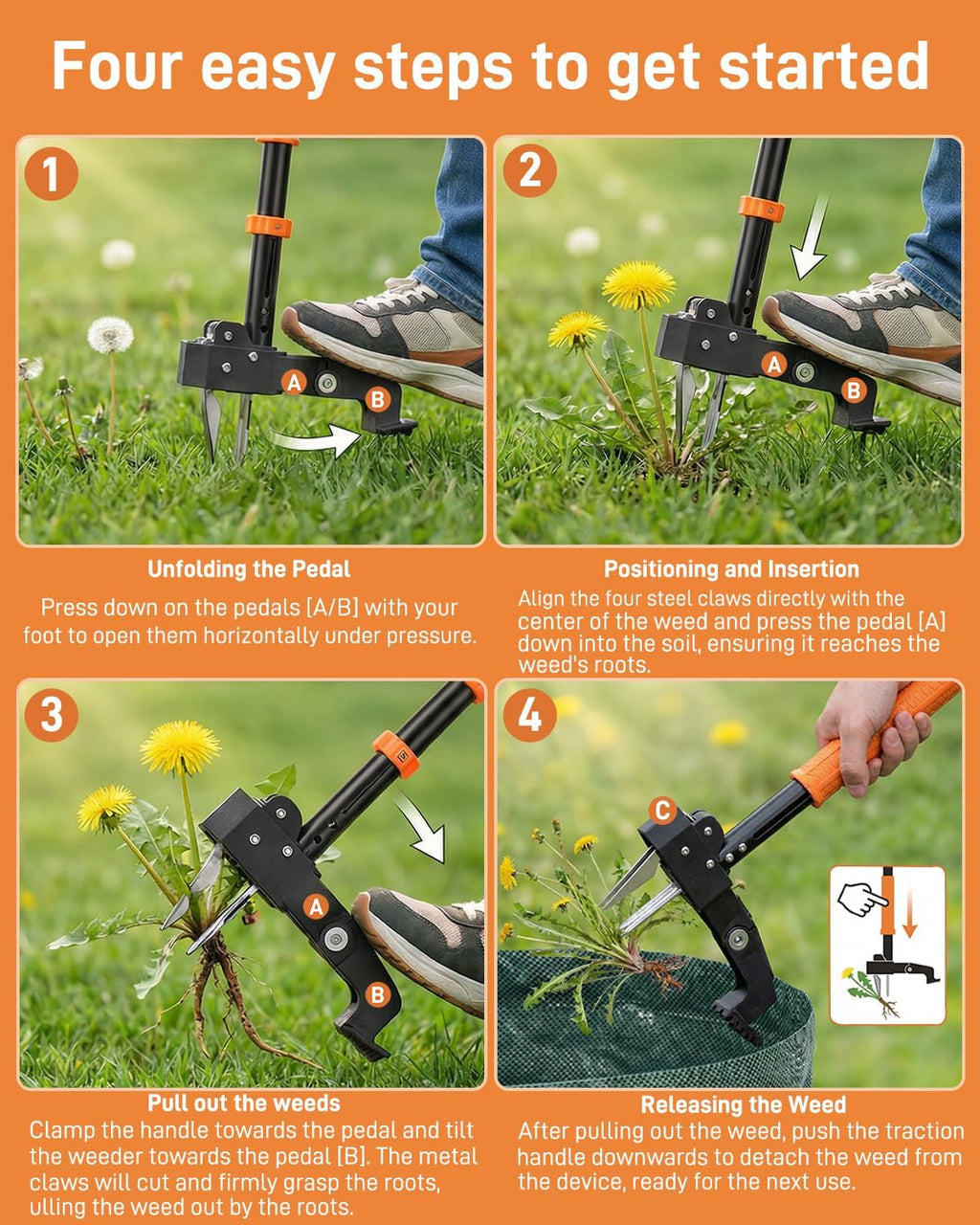 Stand Up Weed Puller Tool with Adjustable Long Handle and 50L Garden Bag | 36″-46″ Adjustable Handle | Heavy Duty