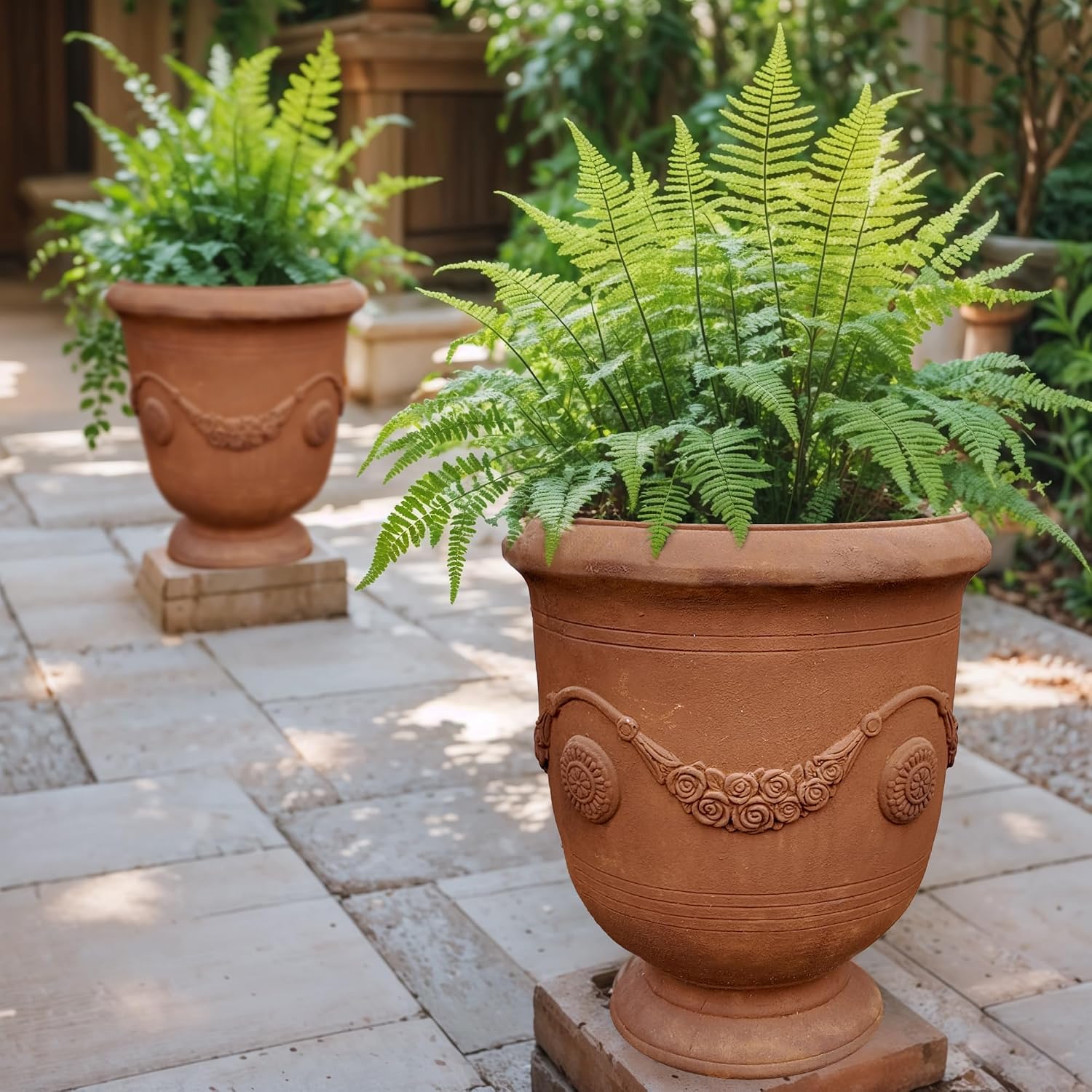 Worth Garden Large Urn Planter - 14" Dia x 16.5" H Lightweight Magnesium Oxide Plant Pot with Cement Texture