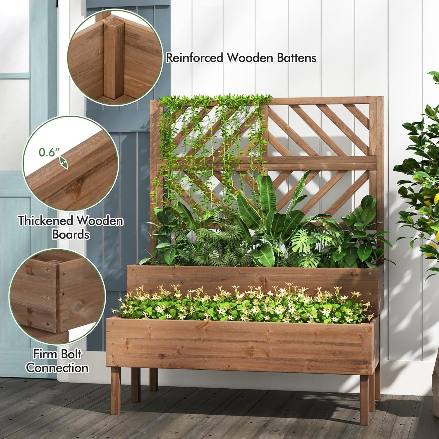 Raised Garden Bed with Trellis & 2 Planter Boxes, 2-Tier Outdoor Wooden Elevated Planter Box with Legs & Drainage