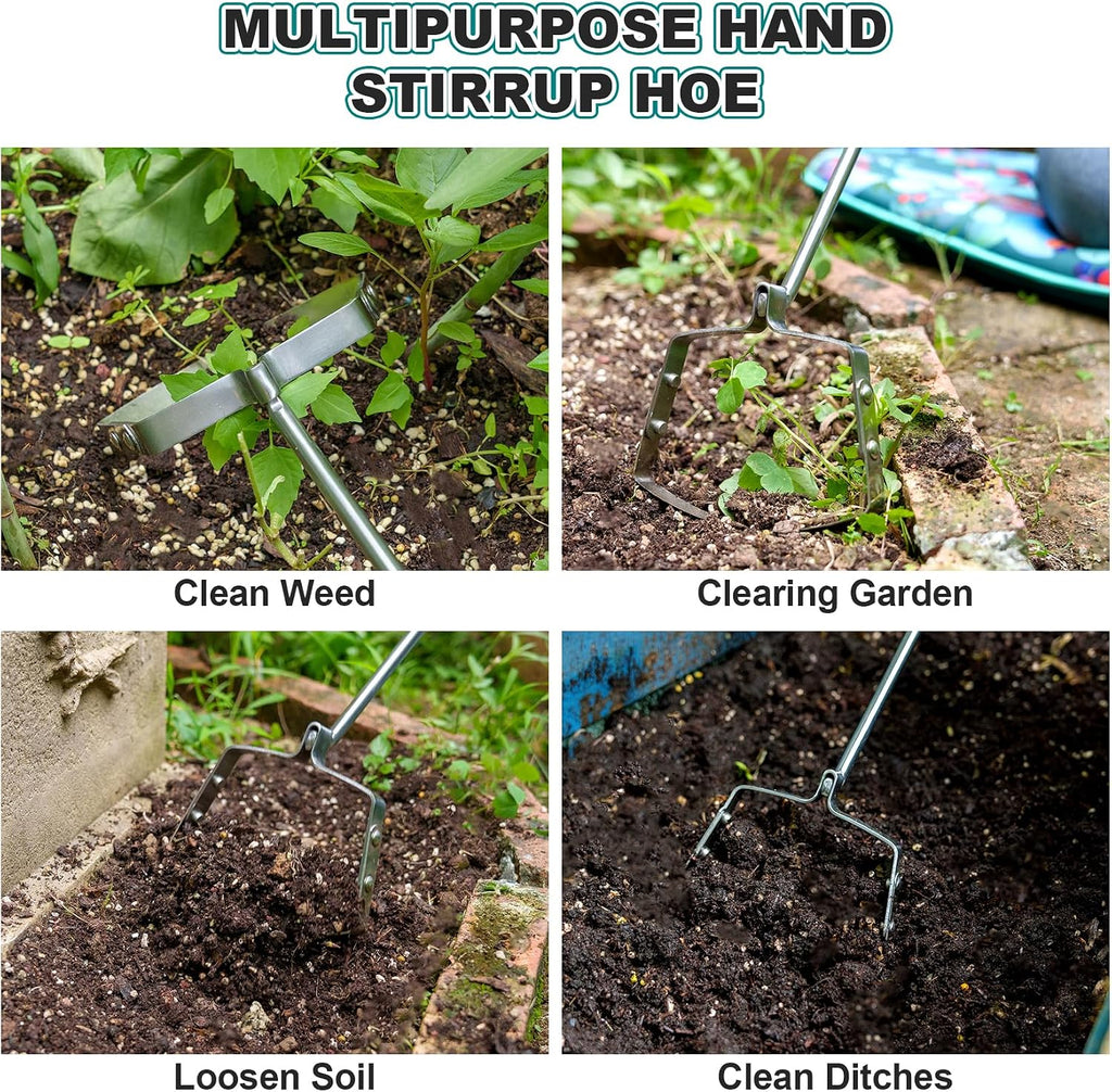 Berry&Bird Hula Weeding Hoe, 17.3'' Stainless Steel Stirrup Hoe Wood Grip | Dual sharp stainless steel blade, wood