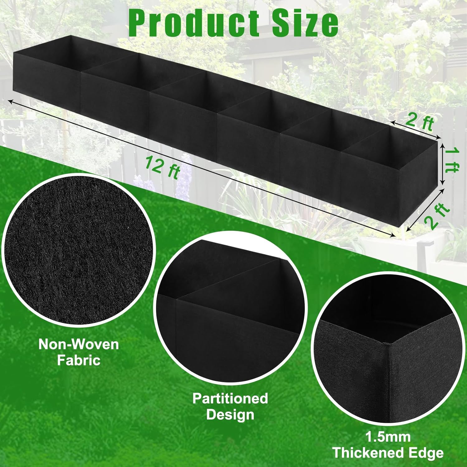 VZZNN 2Pack 12x2x1ft Fabric Raised Garden Bed - 6 Grids Plant Grow Bags, Outdoor Planter Box Non-Woven Fabric Patio