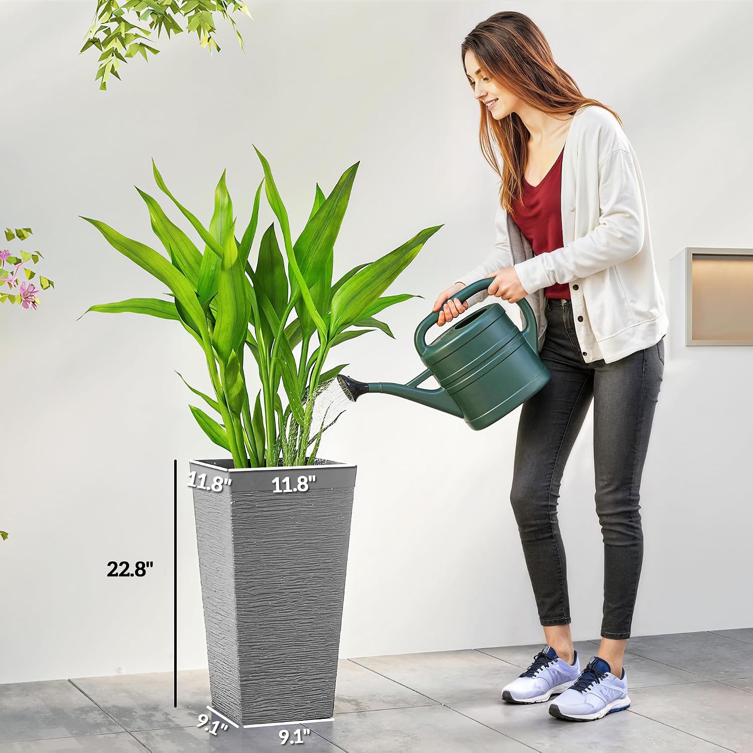 Outsunny 22.8 Inch Tall Planters for Outdoor Plants Set of 3, Gray | Wheels, Plastic Flower Pots, Stone Finish