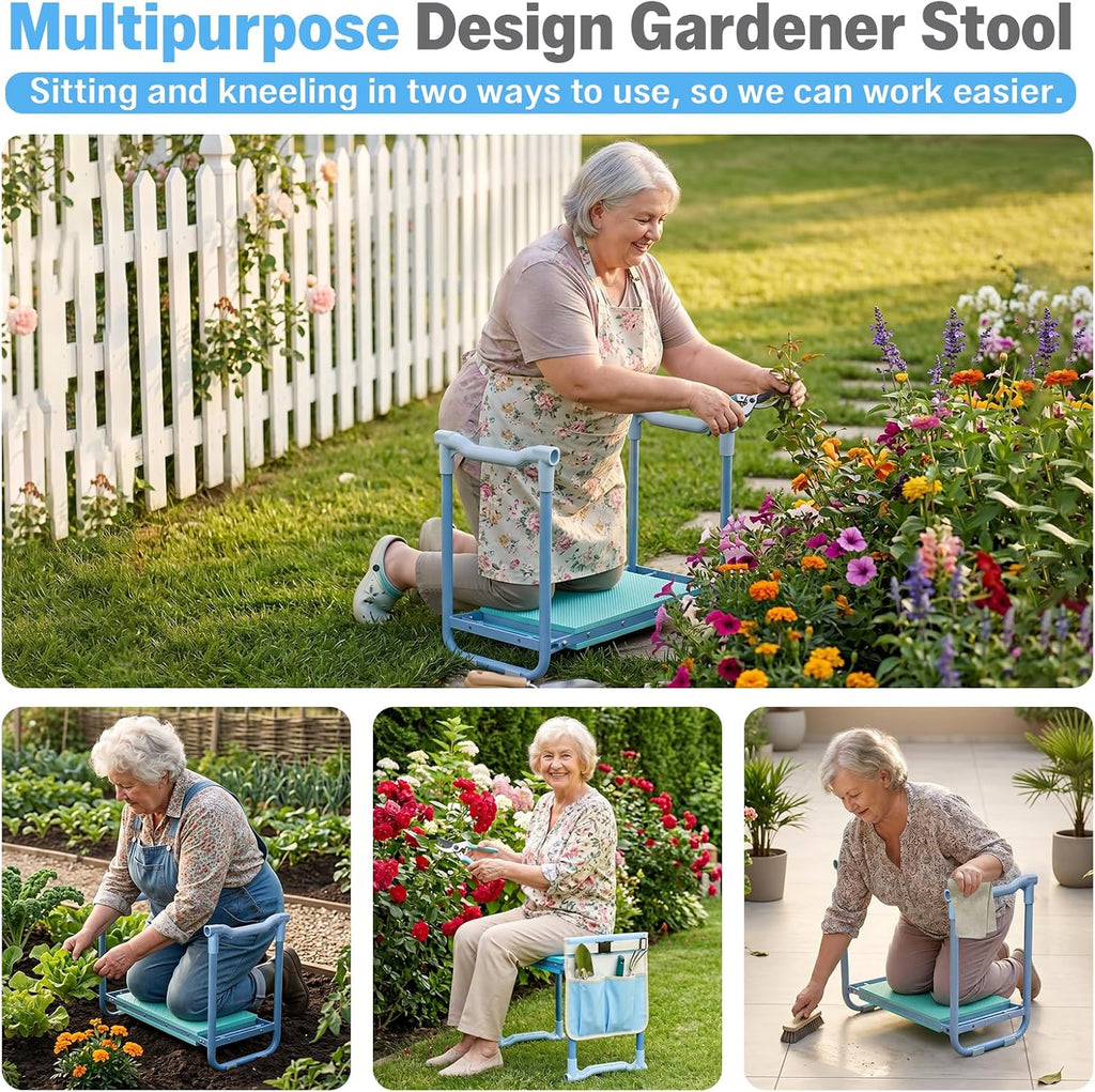 Garden Kneeler and Seat Heavy Duty, Foldable Gardening Stool Bench | With Widened Thick Soft Kneeling Pad & Tool