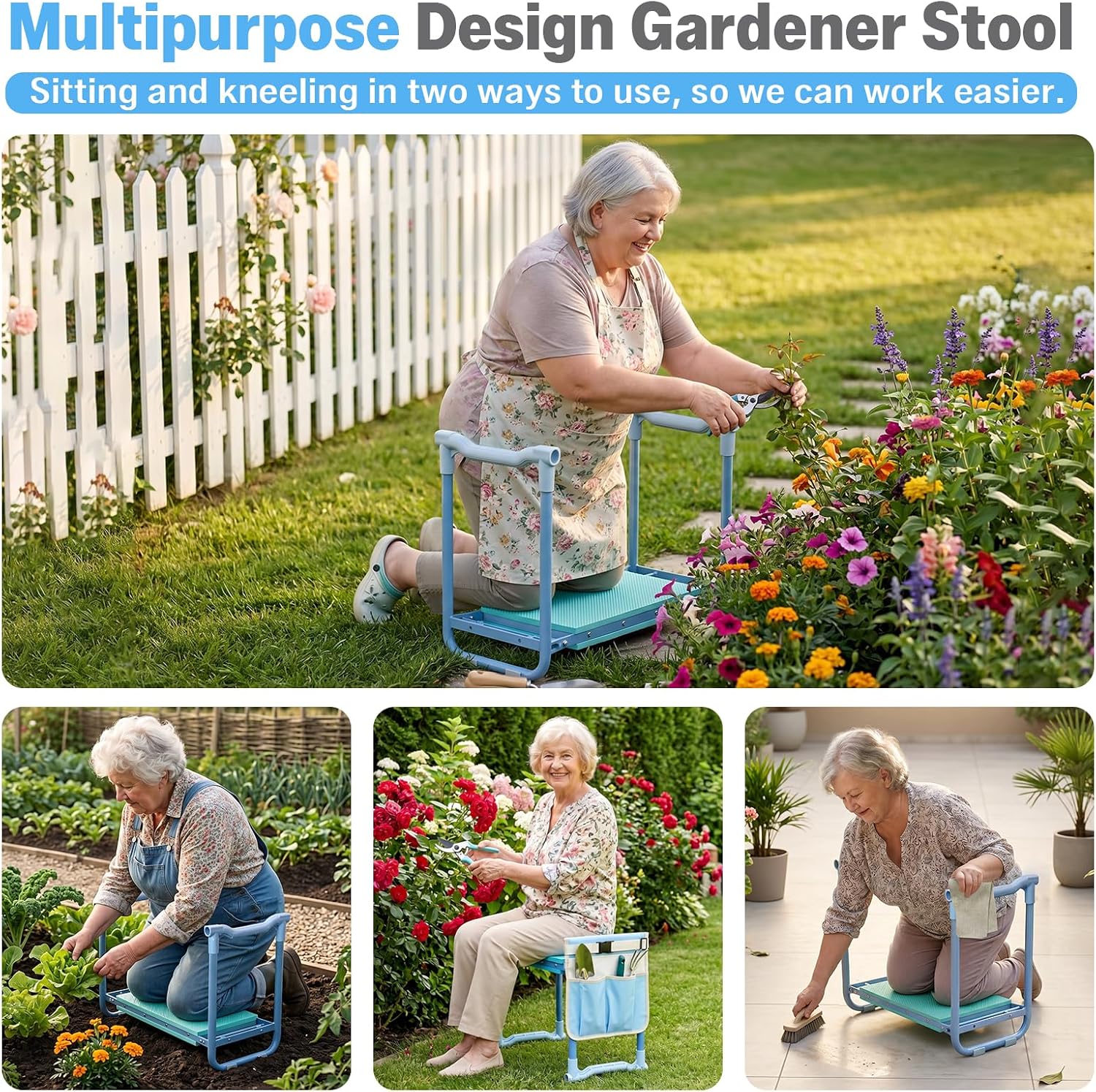 Garden Kneeler and Seat Heavy Duty, Foldable Gardening Stool Bench | With Widened Thick Soft Kneeling Pad & Tool