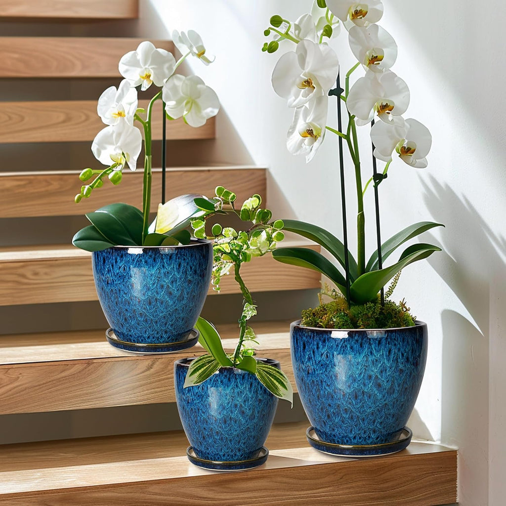 Plant Pots Indoor, Ceramic Planters Pots with Drainage Holes and Saucers, 10+8+6 Inch, Set of 3, Round Large Flower