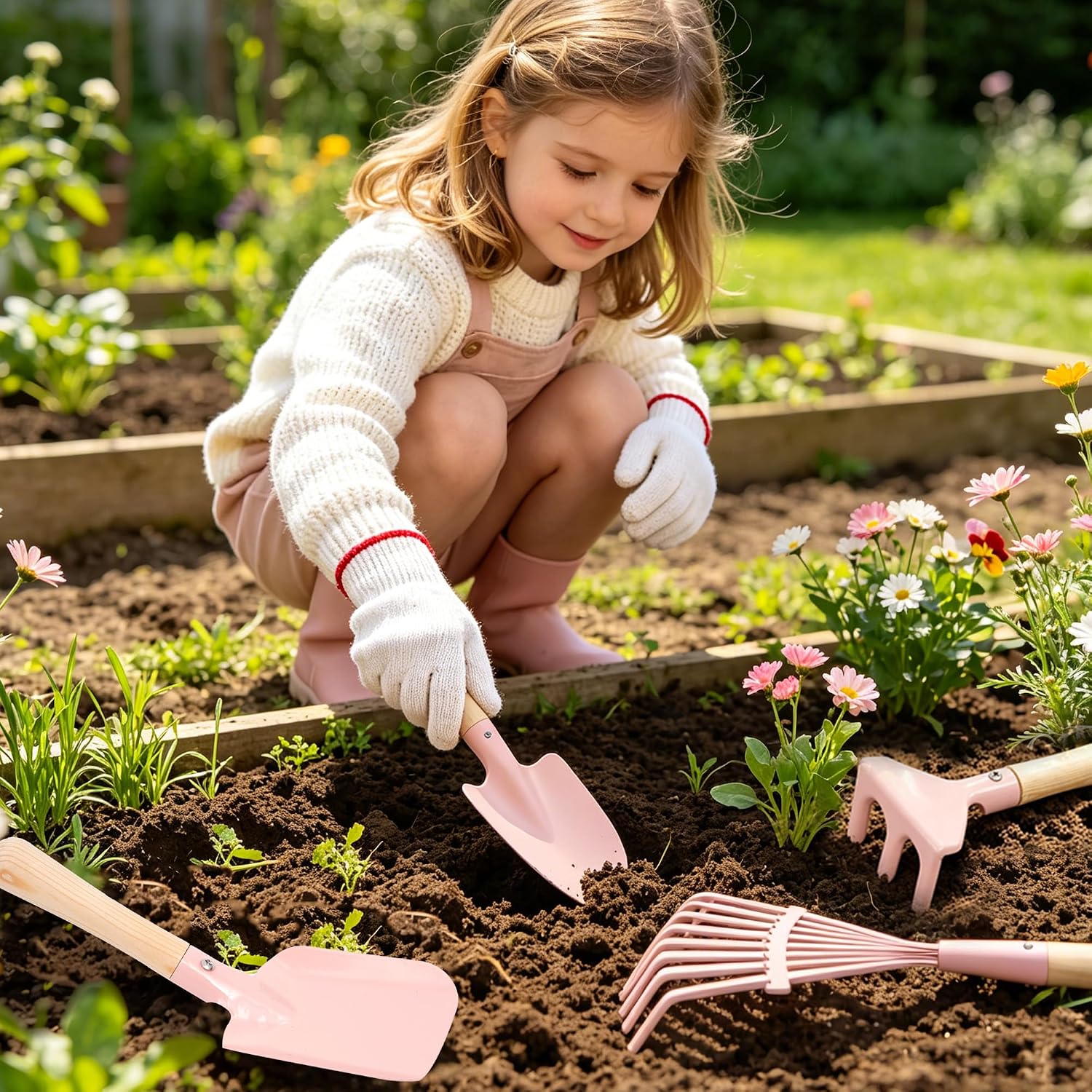 Kids Gardening Set with Wheelbarrow Birthday Gifts | Metal Kid Gardening Tools Set with Long Handle Tool, Hand Tool &
