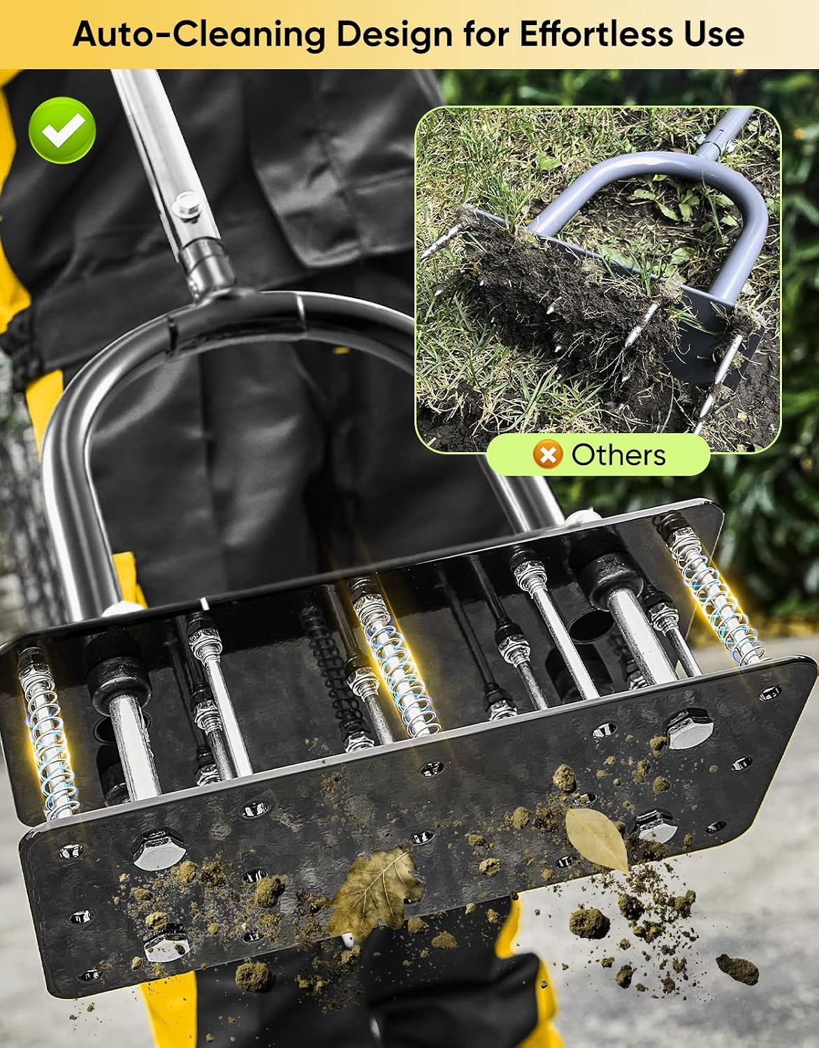 Sakerplus Aerator Lawn Tool, Hand Metal Spike Lawn Aerator with Rebounce Spring Base, Automatic Leaf and Dirt Cleaning