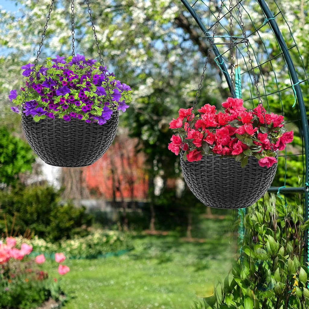 Foraineam 4 Pack Black Hanging Planters, 8.2 inch Hanging Flower Basket Planter Pots, Garden Plant Pot Container