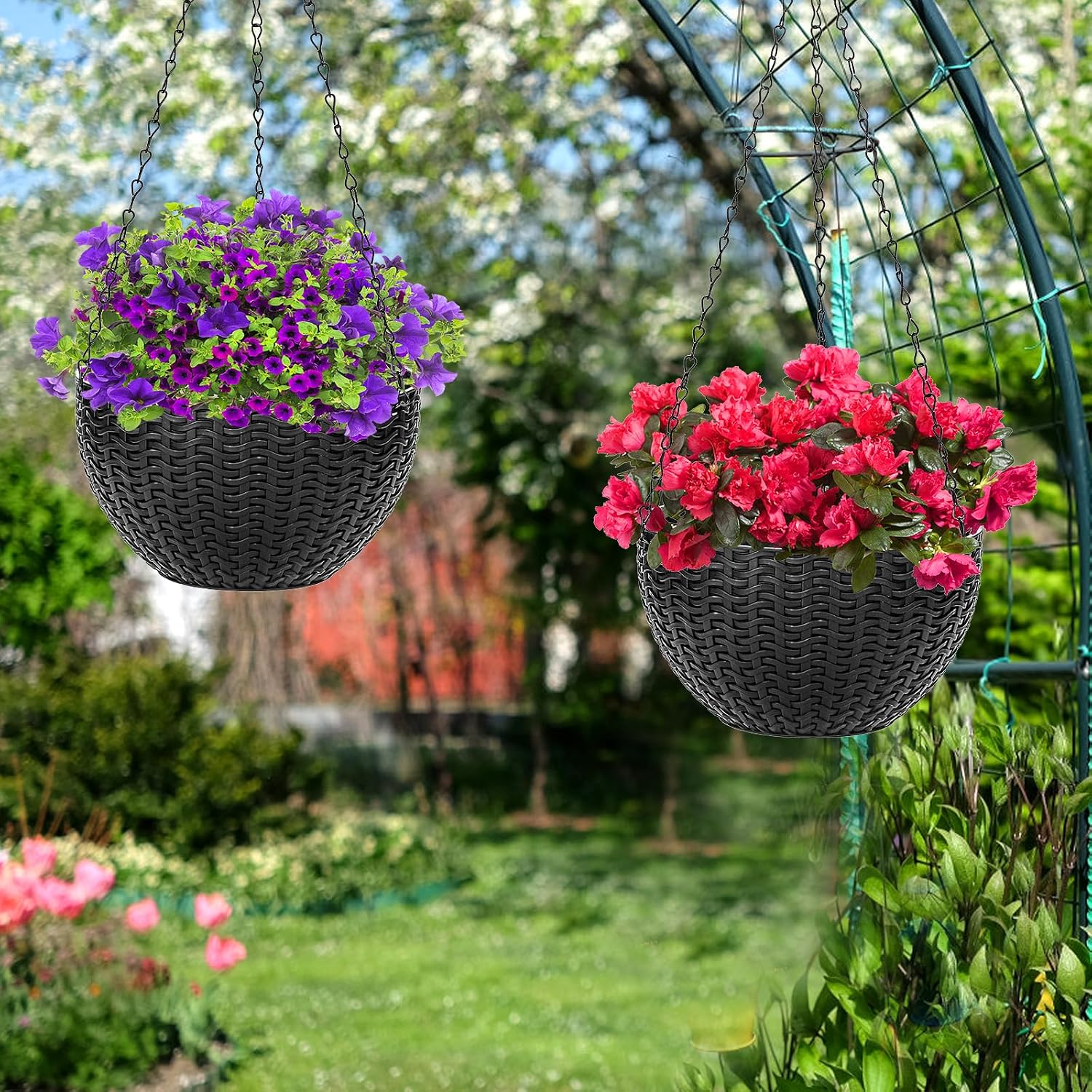 Foraineam 4 Pack Black Hanging Planters, 8.2 inch Hanging Flower Basket Planter Pots, Garden Plant Pot Container