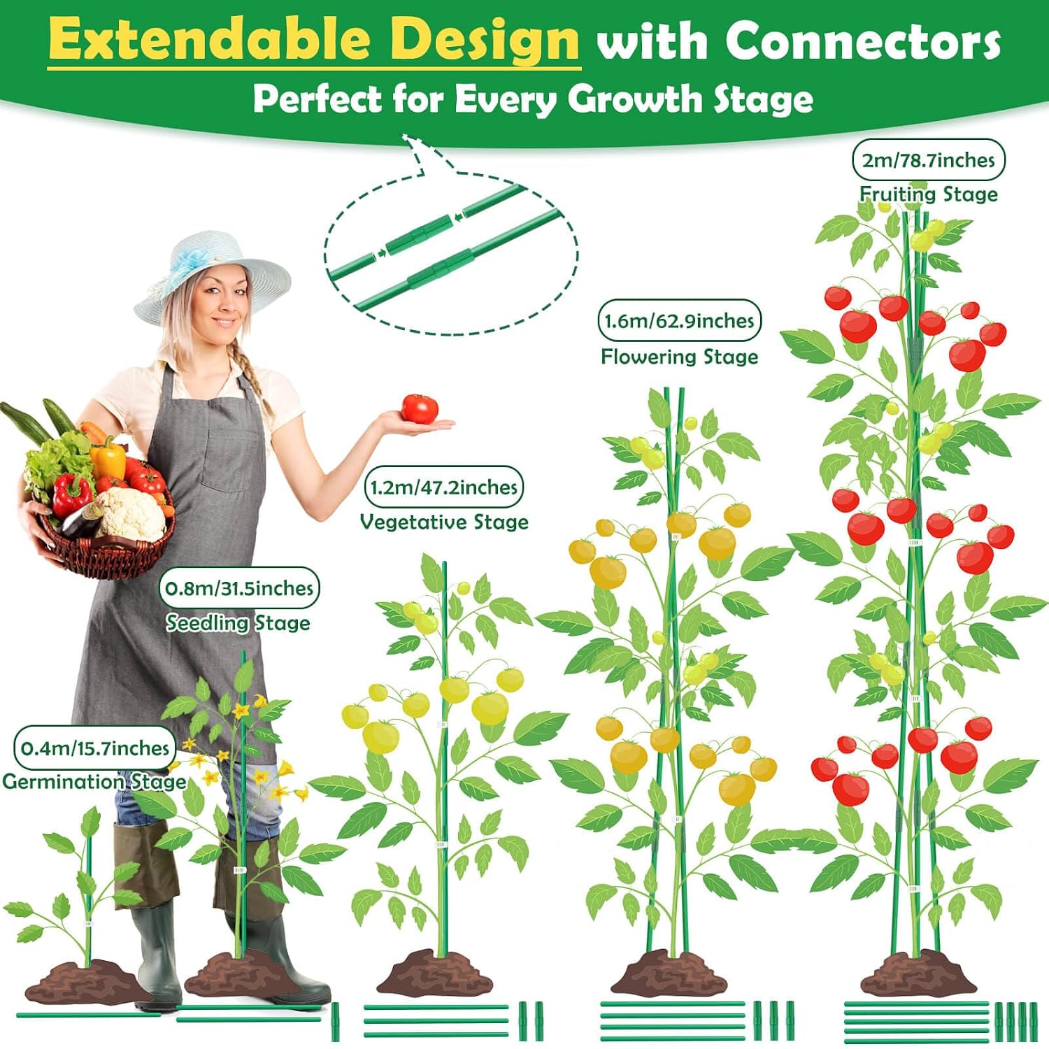 287 PCS Garden Stakes, Fiberglass Tomato Stakes, Garden Sticks | 90 Sets DIY 4ft, 5ft, 6ft, 7ft Plant Stakes with
